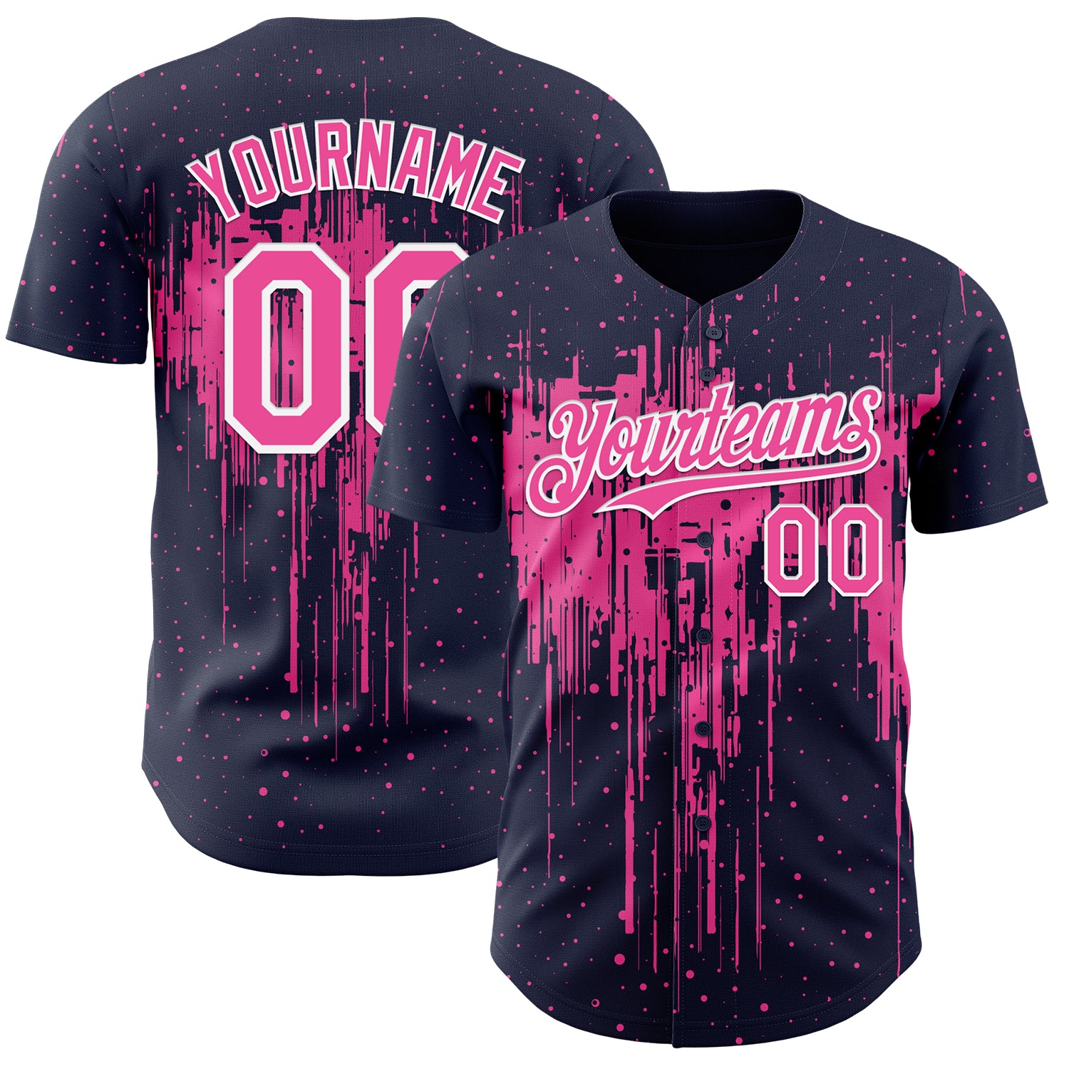 Custom Navy Pink-White 3D Pattern Design Dripping Splatter Paint Authentic Baseball Jersey
