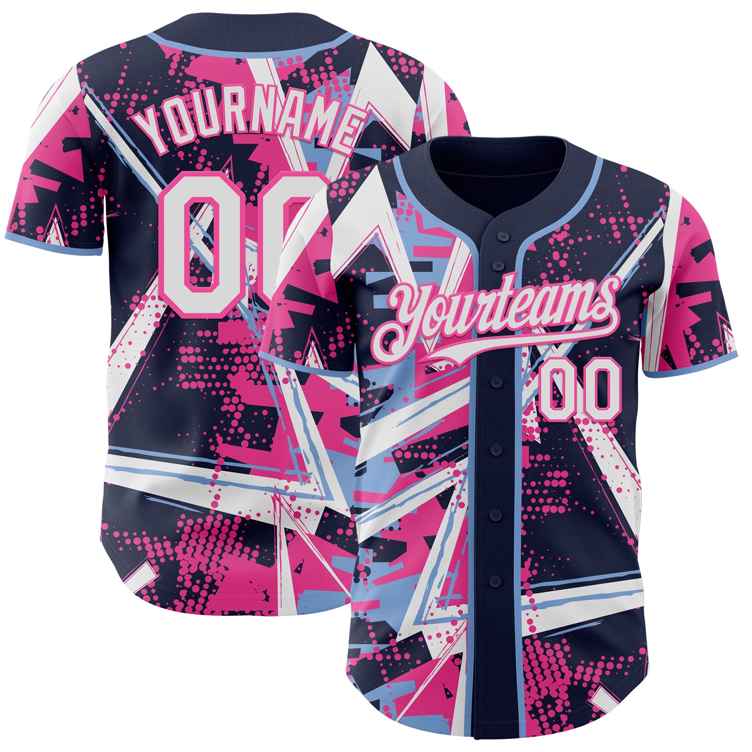 Custom Navy White Light Blue-Pink Geometric Shards Dot Grid Authentic Baseball Jersey
