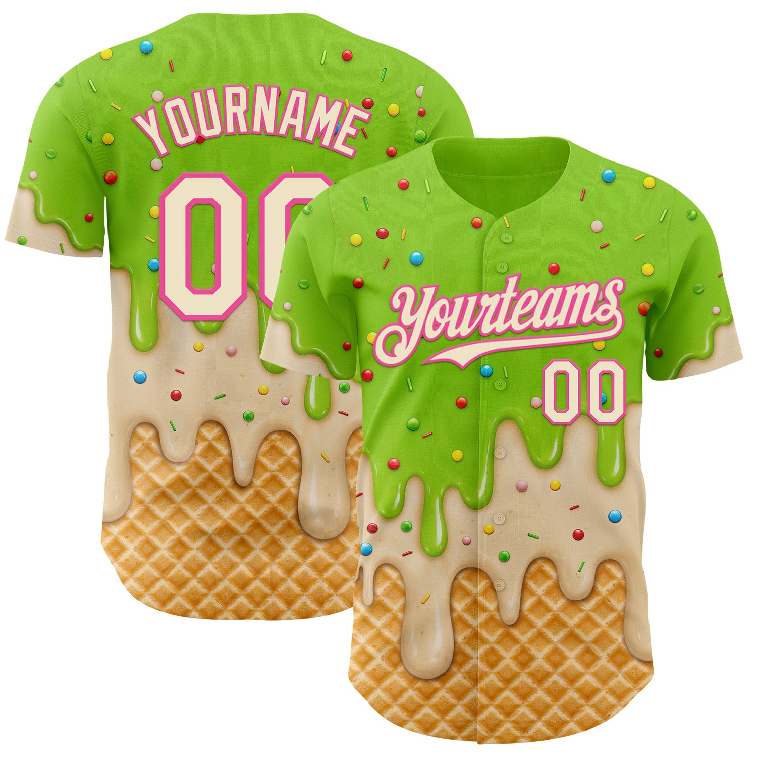 Custom Neon Green Cream-Pink Ice Cream Waffle Foodie Dessert Authentic Baseball Jersey