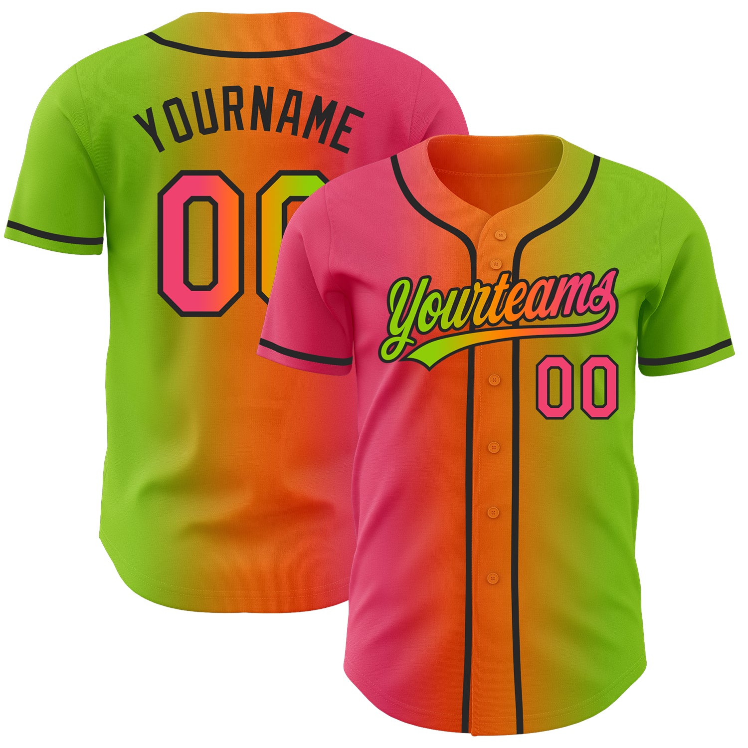 Custom Neon Green Neon Pink Bay Orange-Black Authentic Gradient Fashion Baseball Jersey