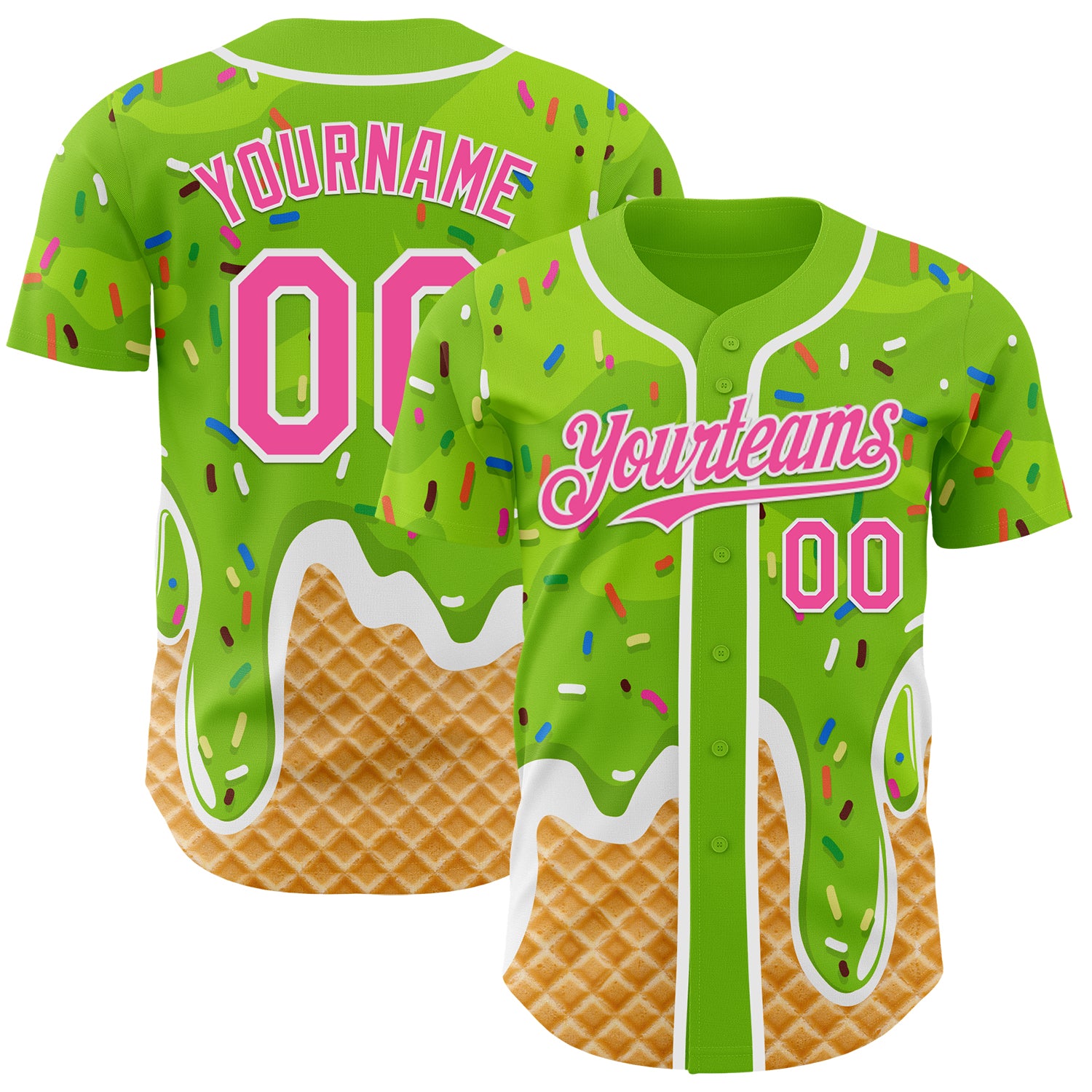 Custom Neon Green Pink-White Ice Cream Waffle Foodie Dessert Authentic Baseball Jersey