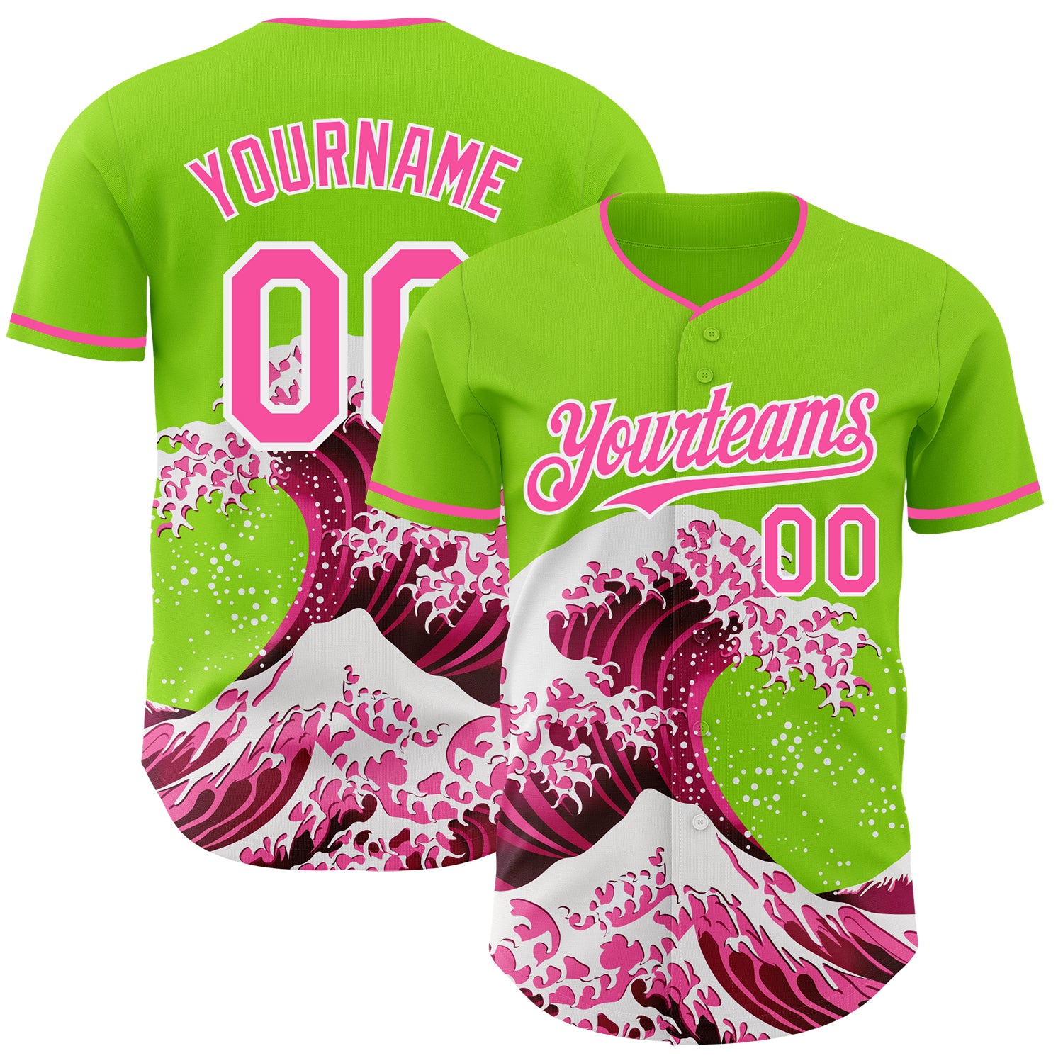 Custom Neon Green Pink-White Japanese Wave 3D Pattern Design Authentic Baseball Jersey