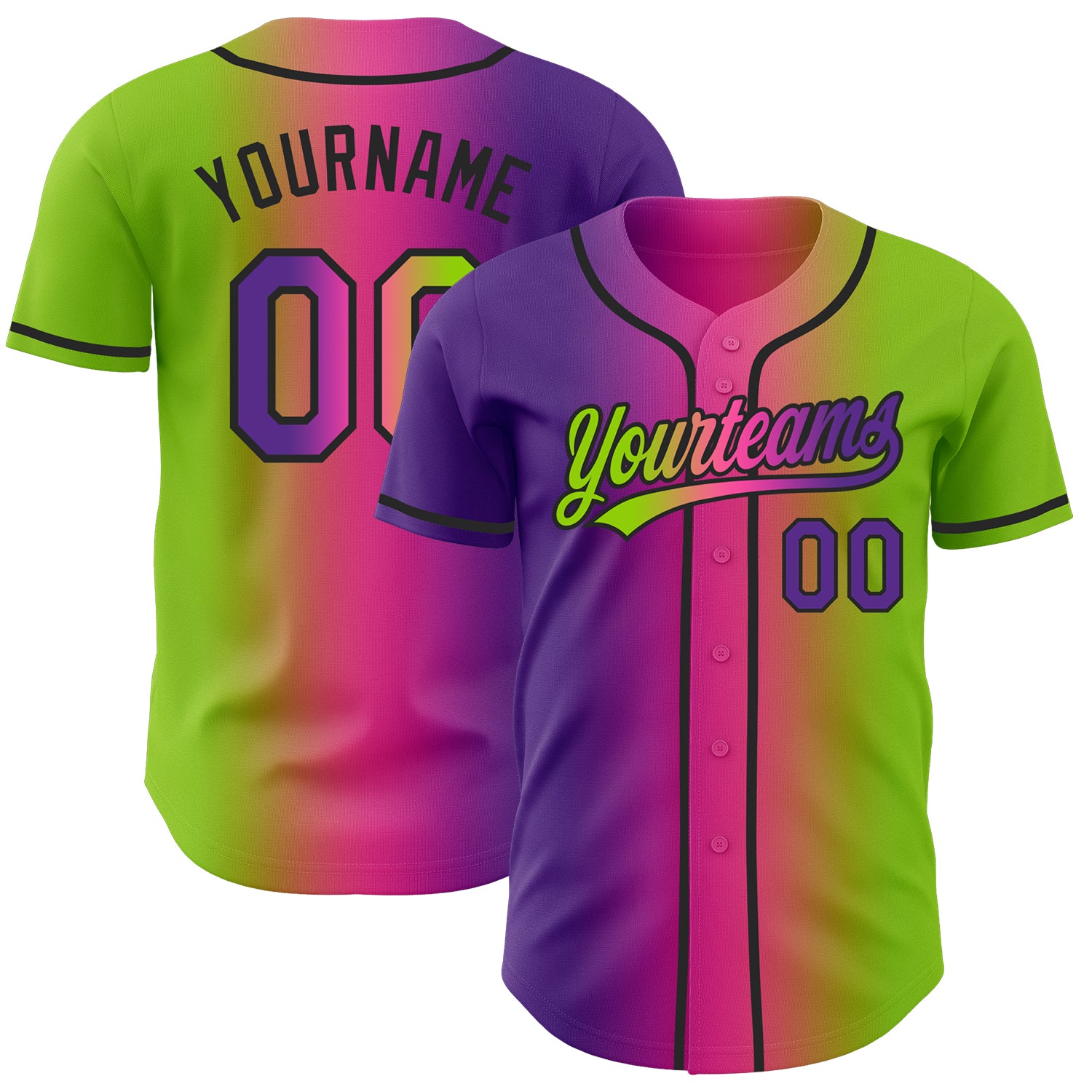 Custom Neon Green Purple Pink-Black Authentic Gradient Fashion Baseball Jersey