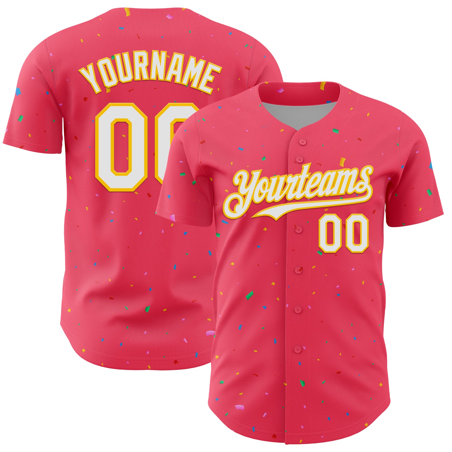 Custom Neon Pink White-Yellow 3D Pattern Design Confetti Colorful Speckle Authentic Baseball Jersey