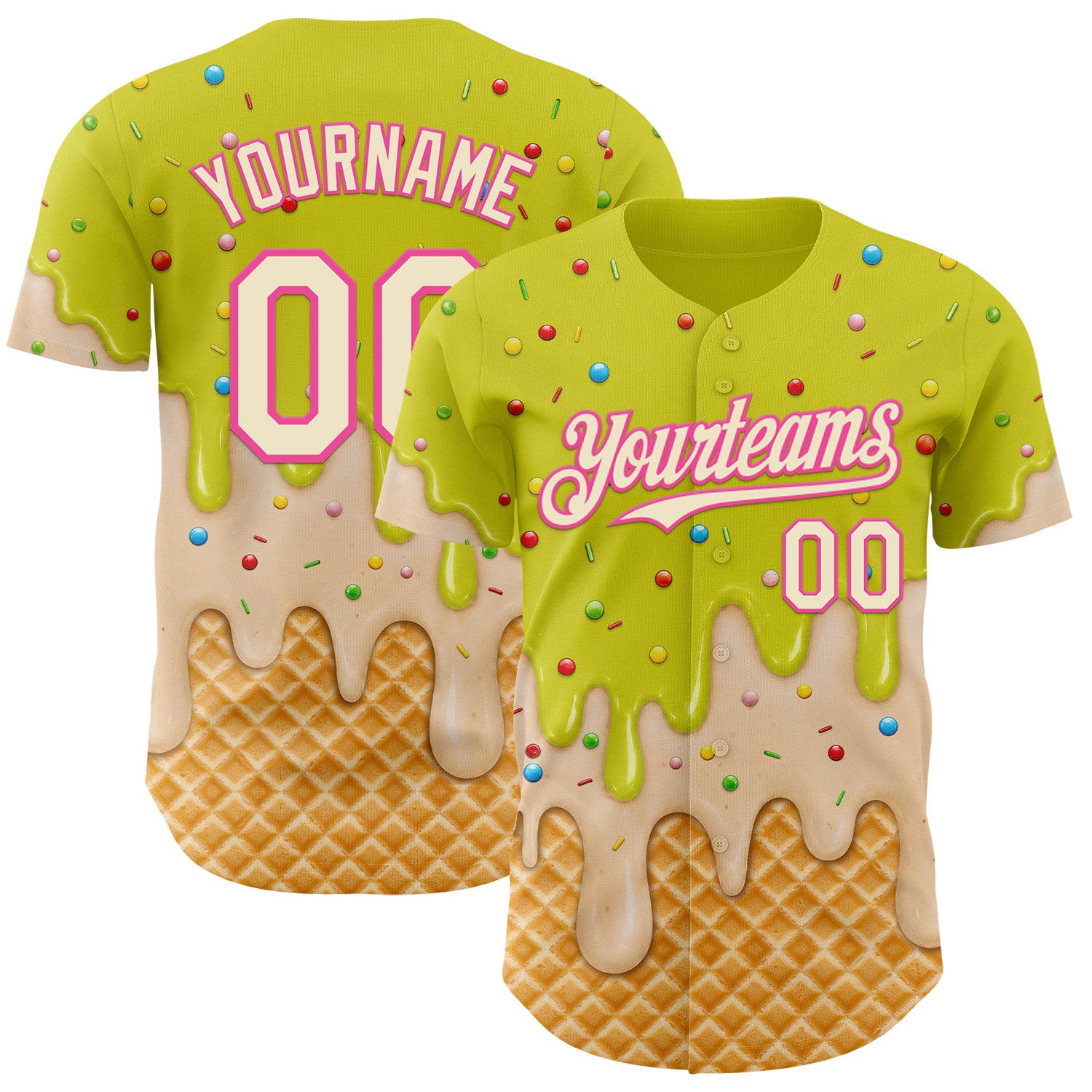 Custom Neon Yellow Cream-Pink Ice Cream Waffle Foodie Dessert Authentic Baseball Jersey