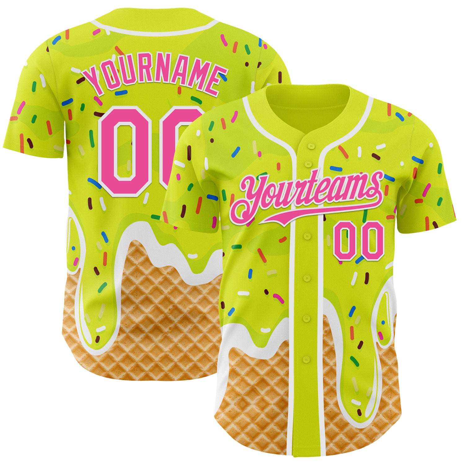 Custom Neon Yellow Pink-White Ice Cream Waffle Foodie Dessert Authentic Baseball Jersey