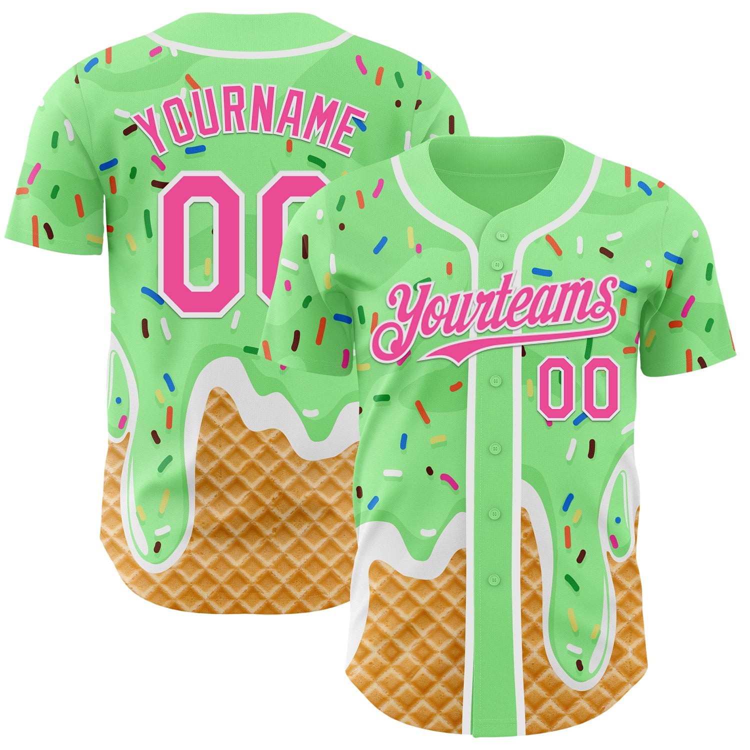 Custom Pea Green Pink-White Ice Cream Waffle Foodie Dessert Authentic Baseball Jersey
