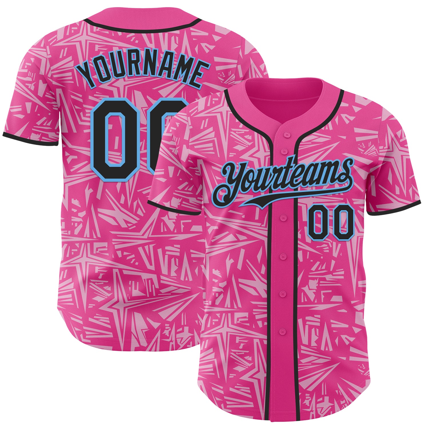 Custom Pink Black Light Pink-Sky Blue Geometric Cyber Starburst Authentic Baseball Jersey