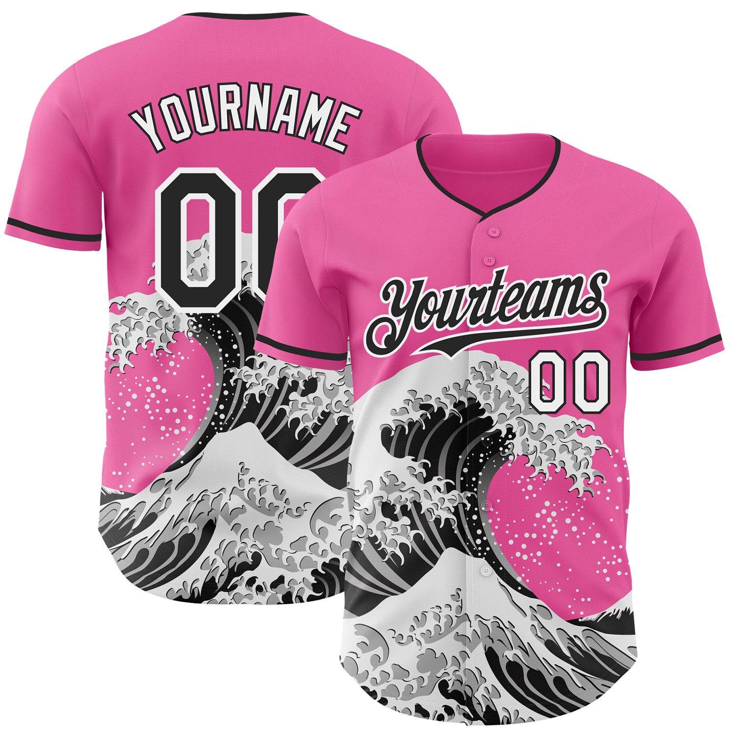 Custom Pink Black-White Japanese Wave 3D Pattern Design Authentic Baseball Jersey