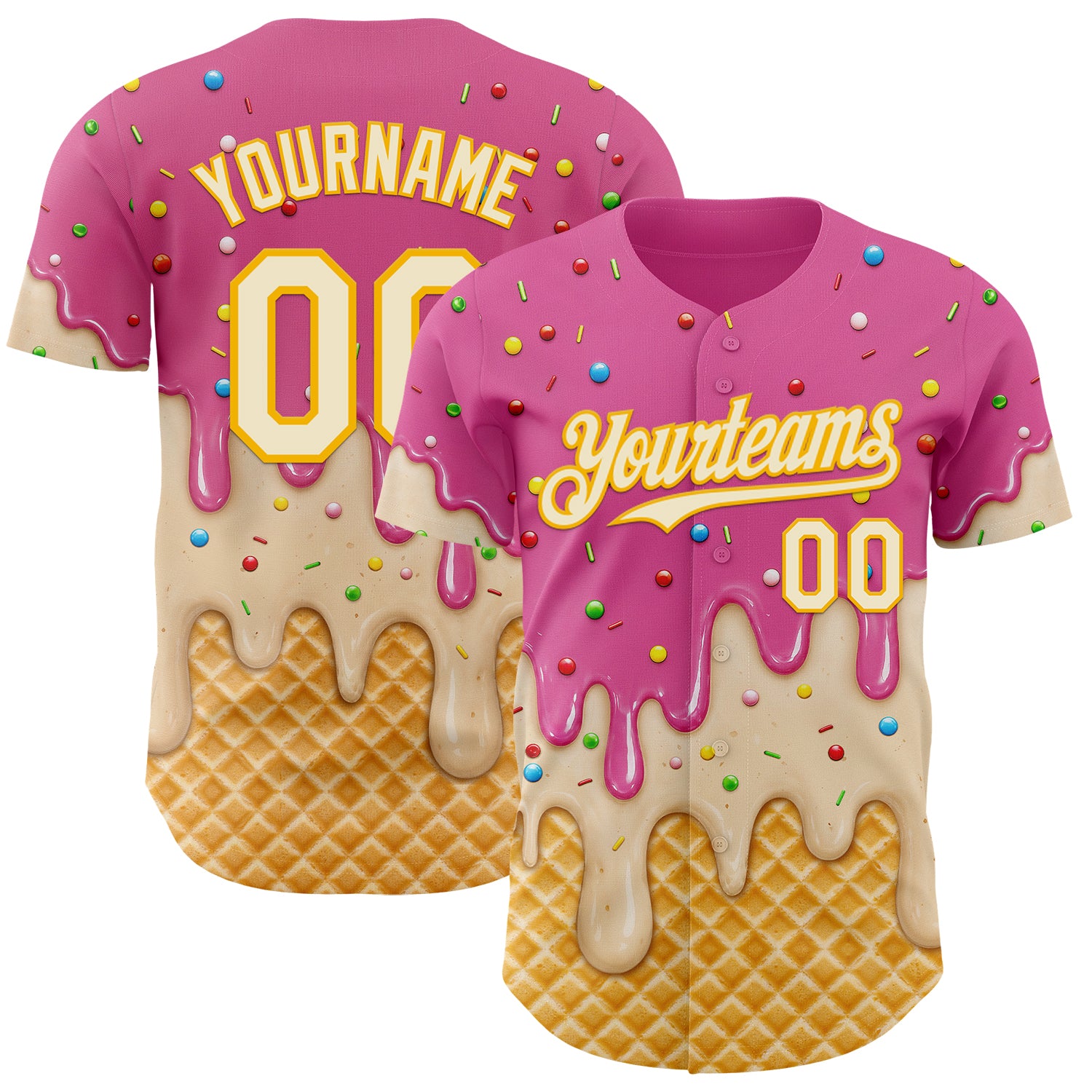 Custom Pink Cream-Gold Ice Cream Waffle Foodie Dessert Authentic Baseball Jersey