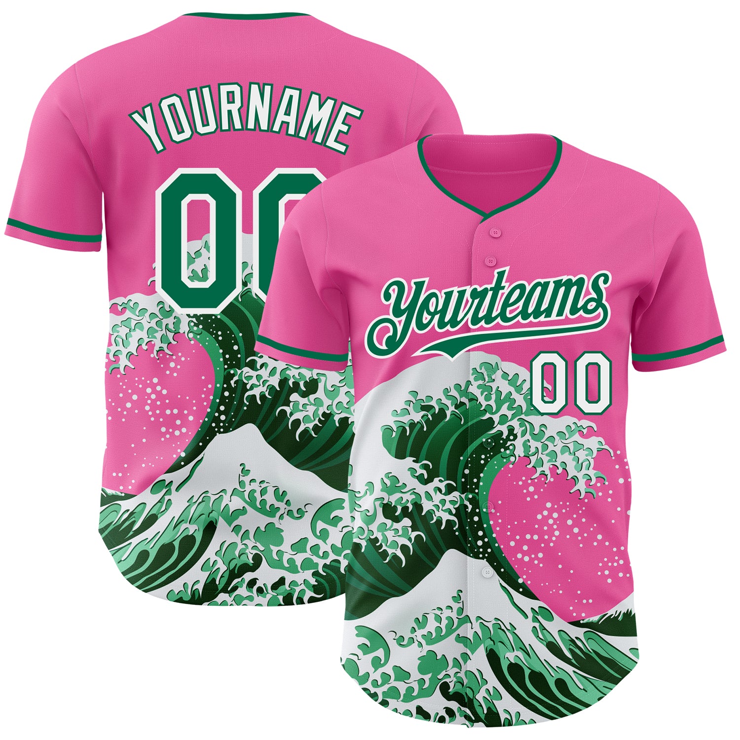Custom Pink Kelly Green-White Japanese Wave 3D Pattern Design Authentic Baseball Jersey