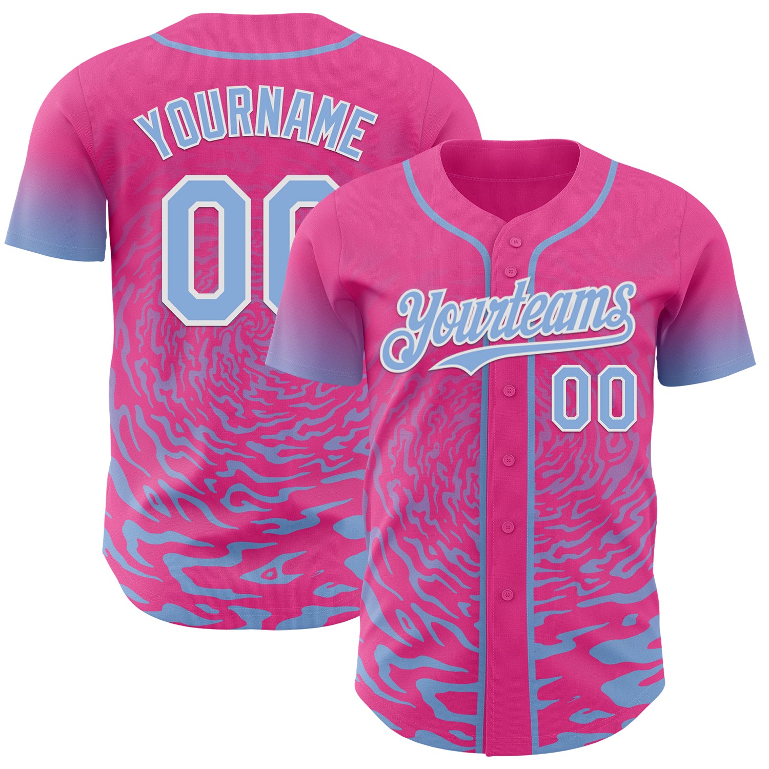 Custom Pink Light Blue-White Fluid Wave Splatter Gradient Authentic Baseball Jersey