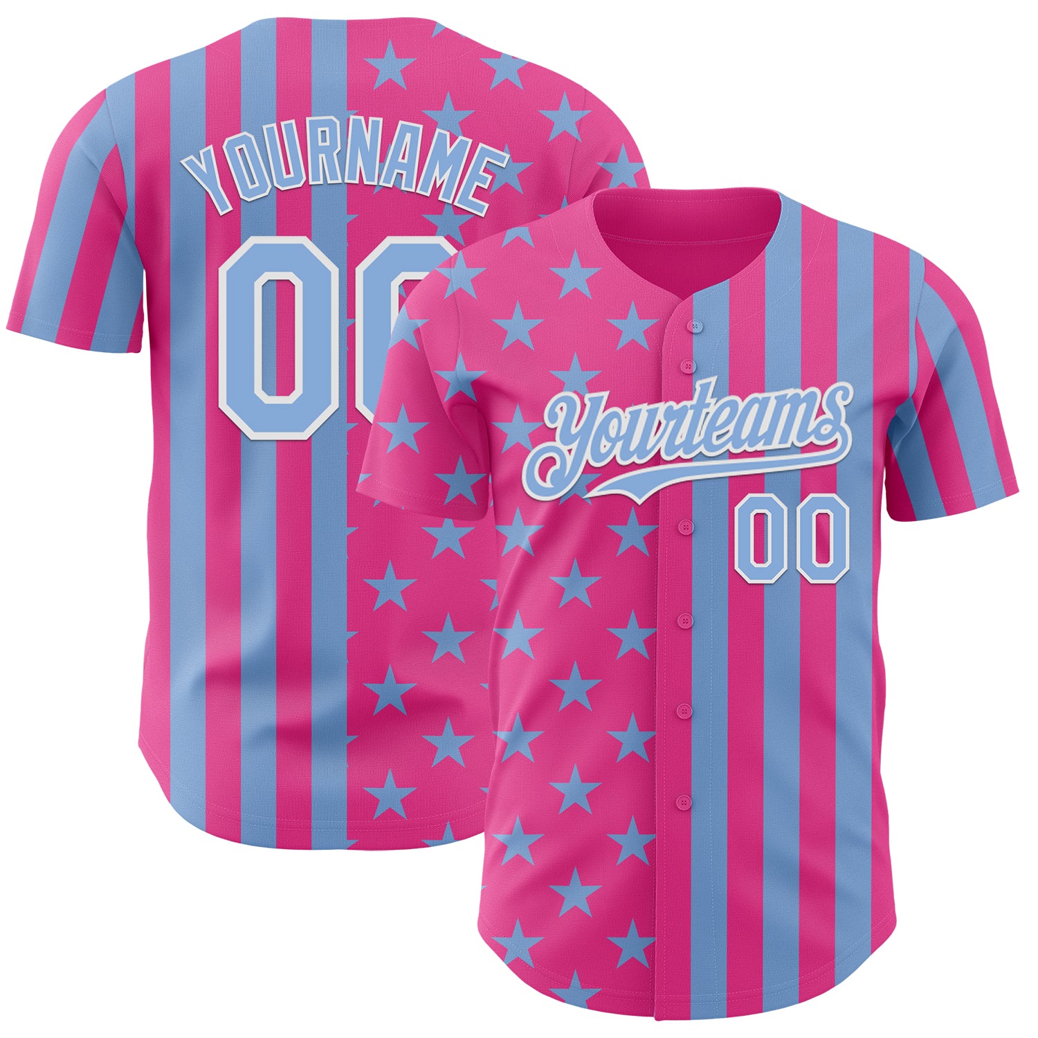 Custom Pink Light Blue-White USA Flag Patriotic Split Stars and Stripes Authentic Baseball Jersey