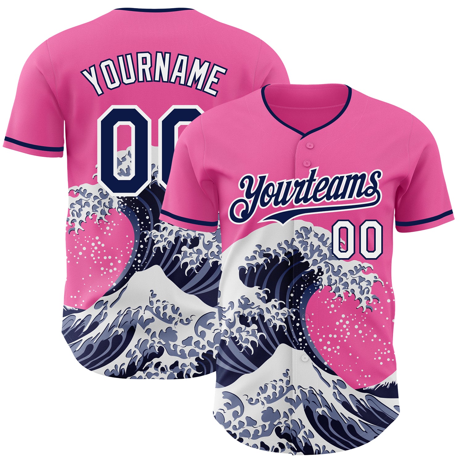 Custom Pink Navy-White Japanese Wave 3D Pattern Design Authentic Baseball Jersey