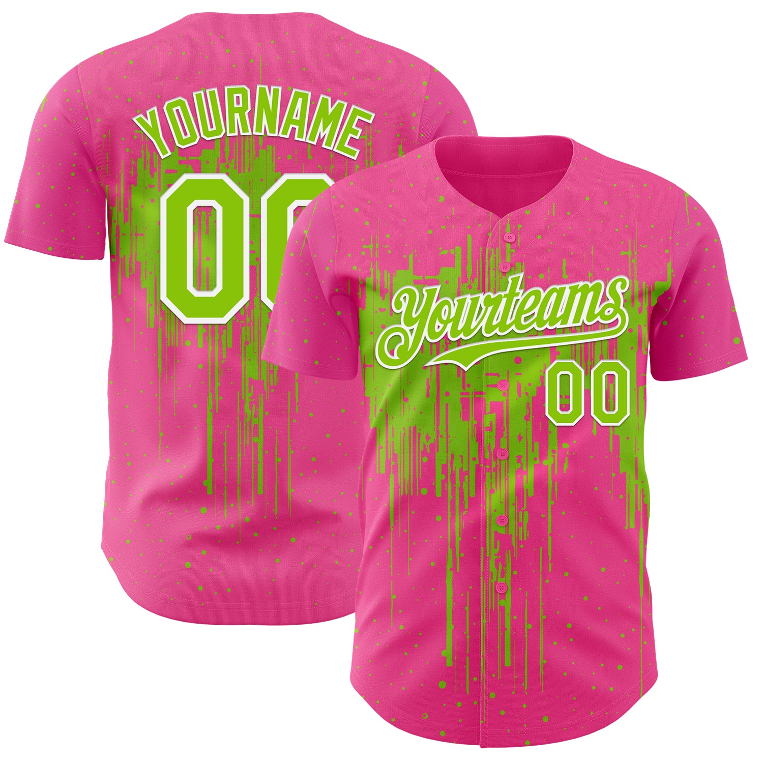 Custom Pink Neon Green-White 3D Pattern Design Dripping Splatter Paint Authentic Baseball Jersey