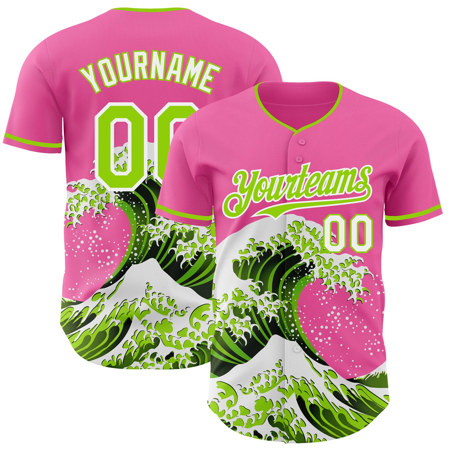 Custom Pink Neon Green-White Japanese Wave 3D Pattern Design Authentic Baseball Jersey