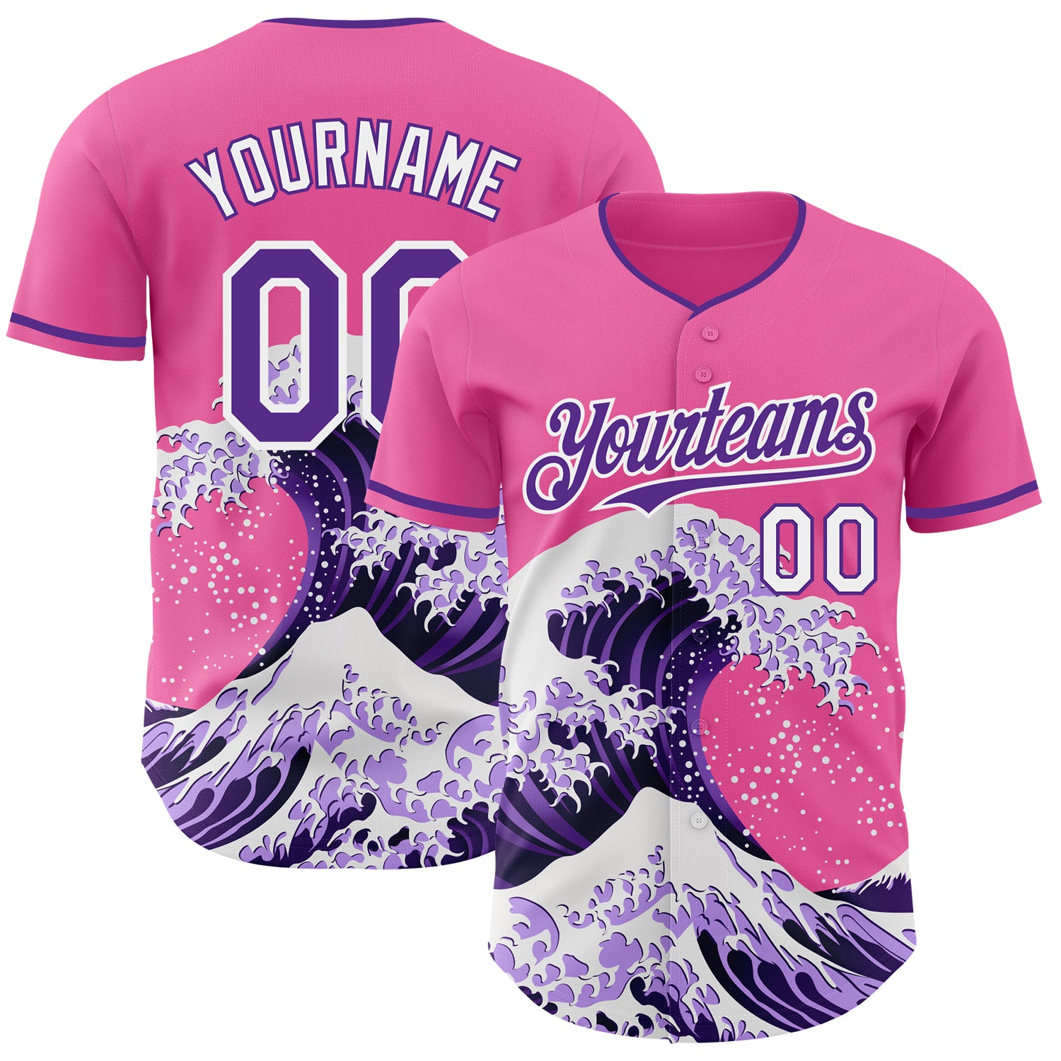 Custom Pink Purple-White Japanese Wave 3D Pattern Design Authentic Baseball Jersey