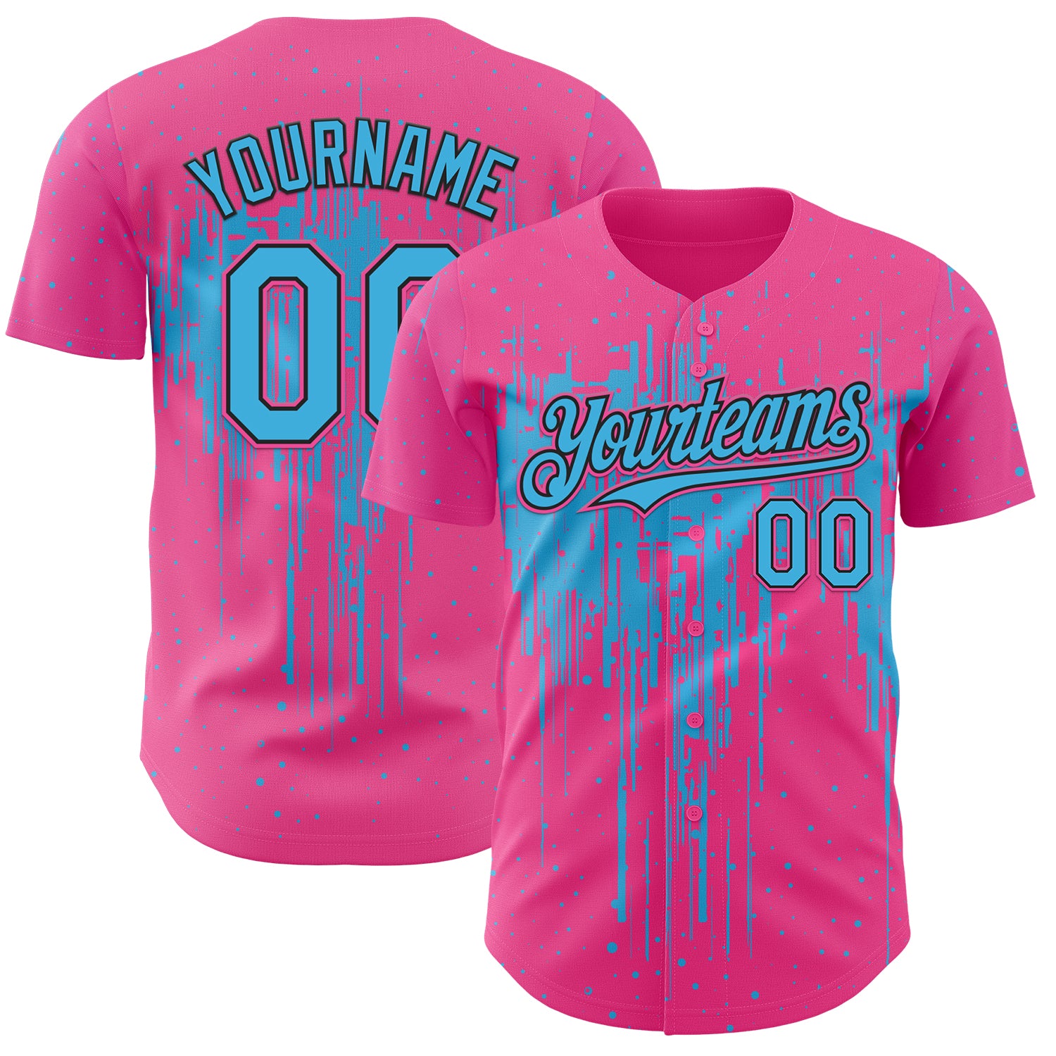 Custom Pink Sky Blue-Black 3D Pattern Design Dripping Splatter Paint Authentic Baseball Jersey