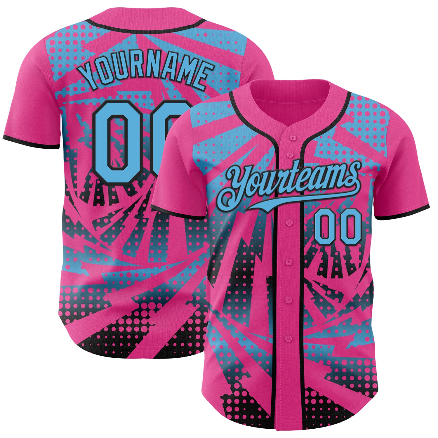 Custom Pink Sky Blue-Black Lightning Gradient Dot Authentic Baseball Jersey