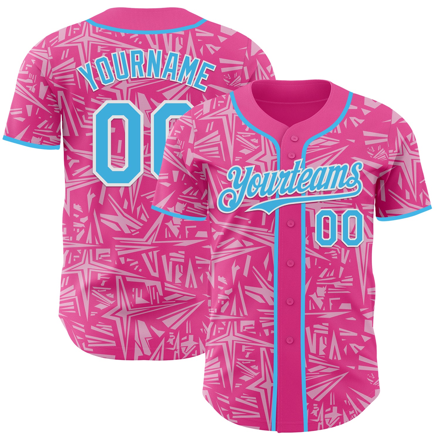 Custom Pink Sky Blue Light Pink-White Geometric Cyber Starburst Authentic Baseball Jersey