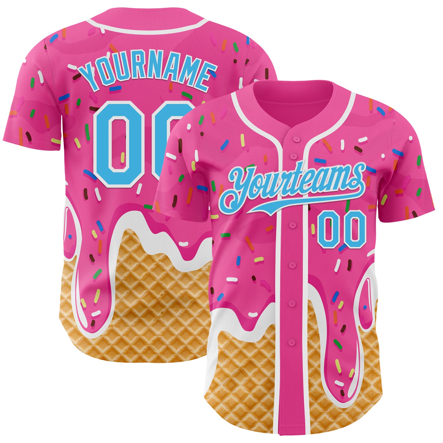 Custom Pink Sky Blue-White Ice Cream Waffle Foodie Dessert Authentic Baseball Jersey
