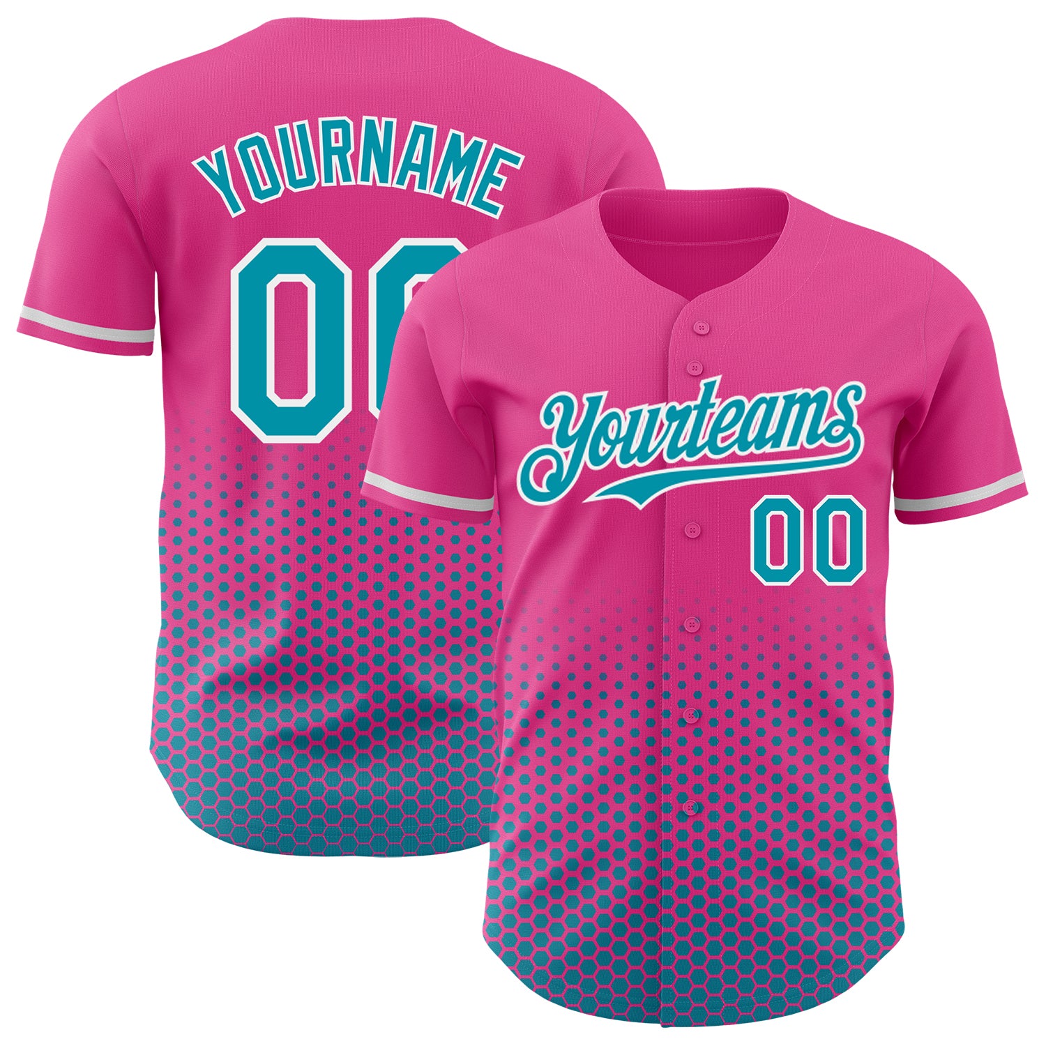 Custom Pink Teal-White Geometric Hexagonal Dot Gradient Authentic Baseball Jersey