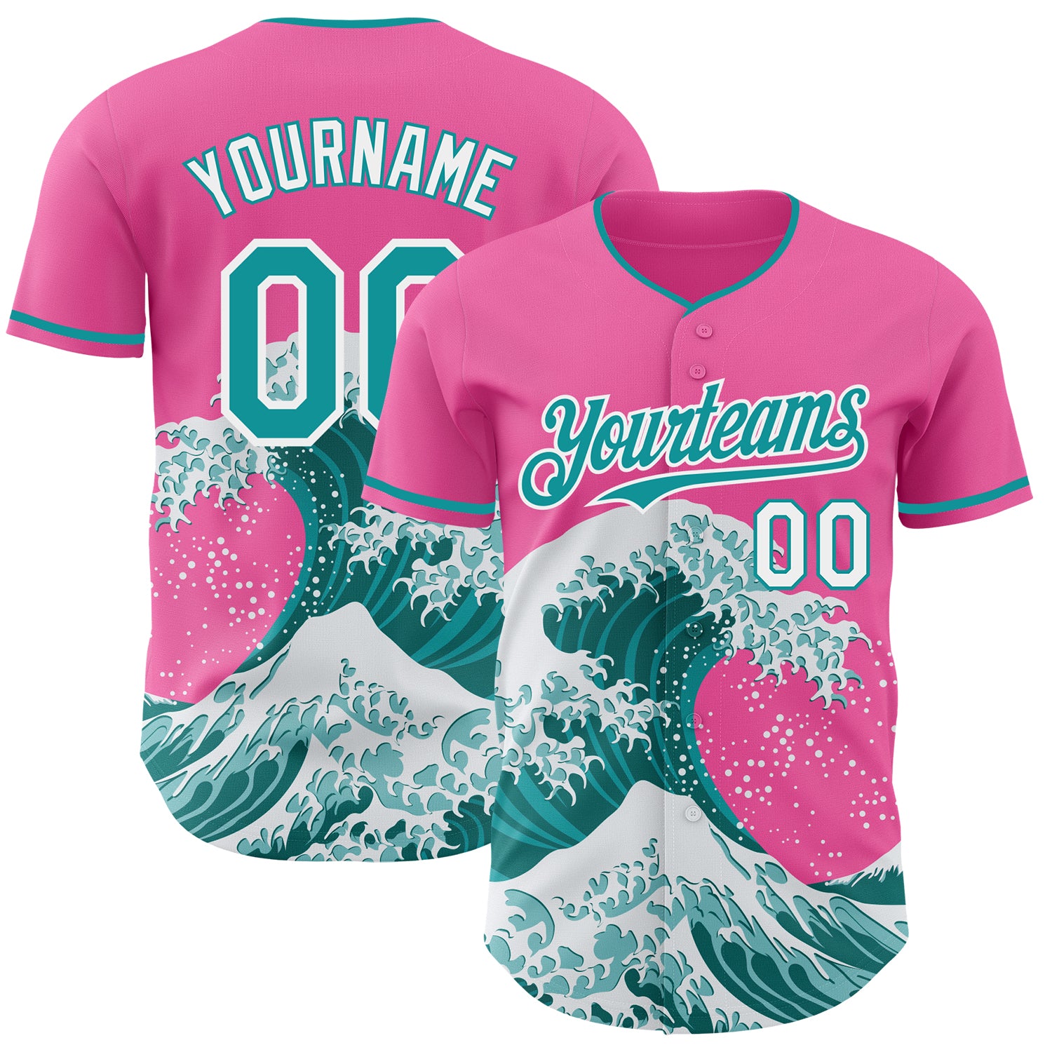 Custom Pink Teal-White Japanese Wave 3D Pattern Design Authentic Baseball Jersey