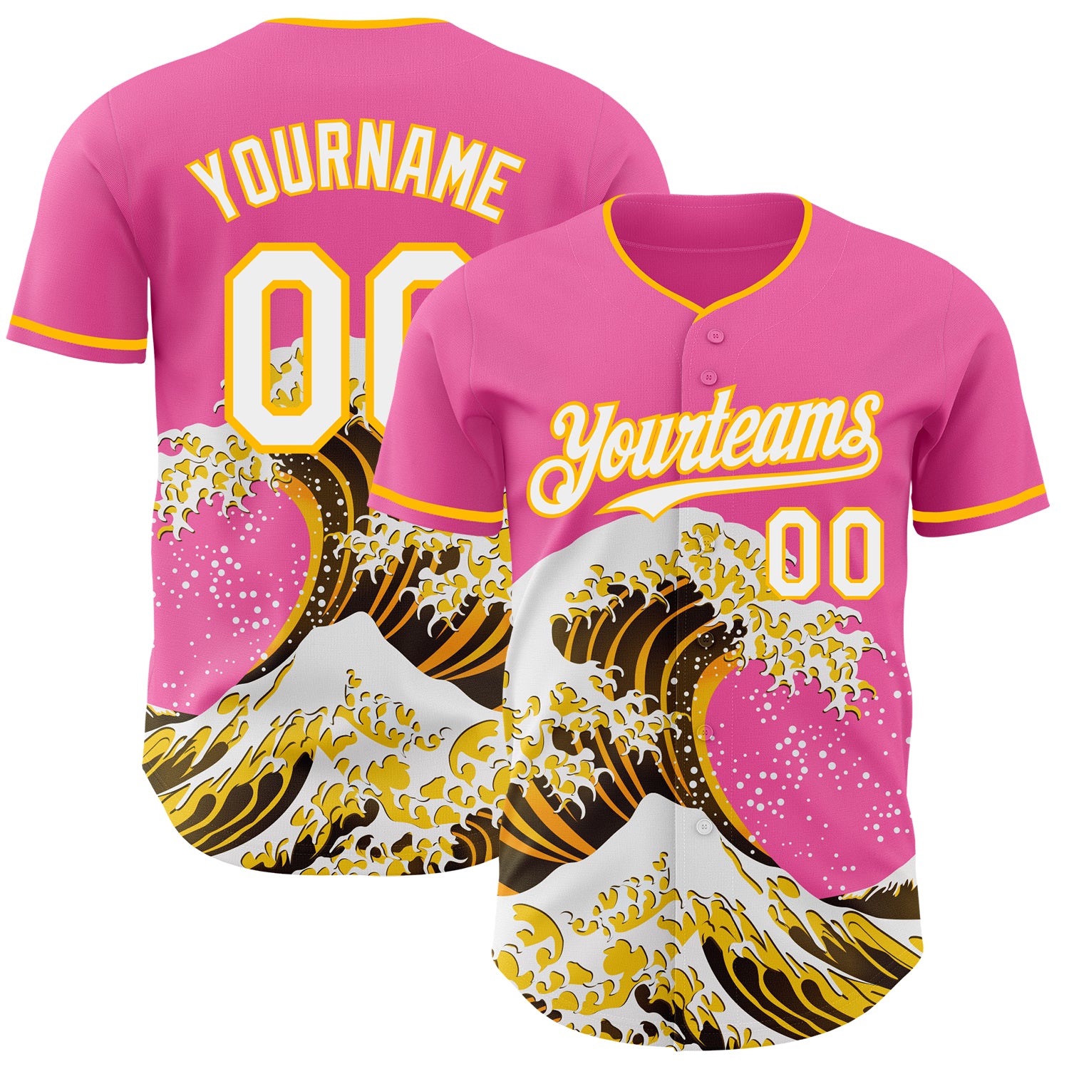 Custom Pink White-Gold Japanese Wave 3D Pattern Design Authentic Baseball Jersey