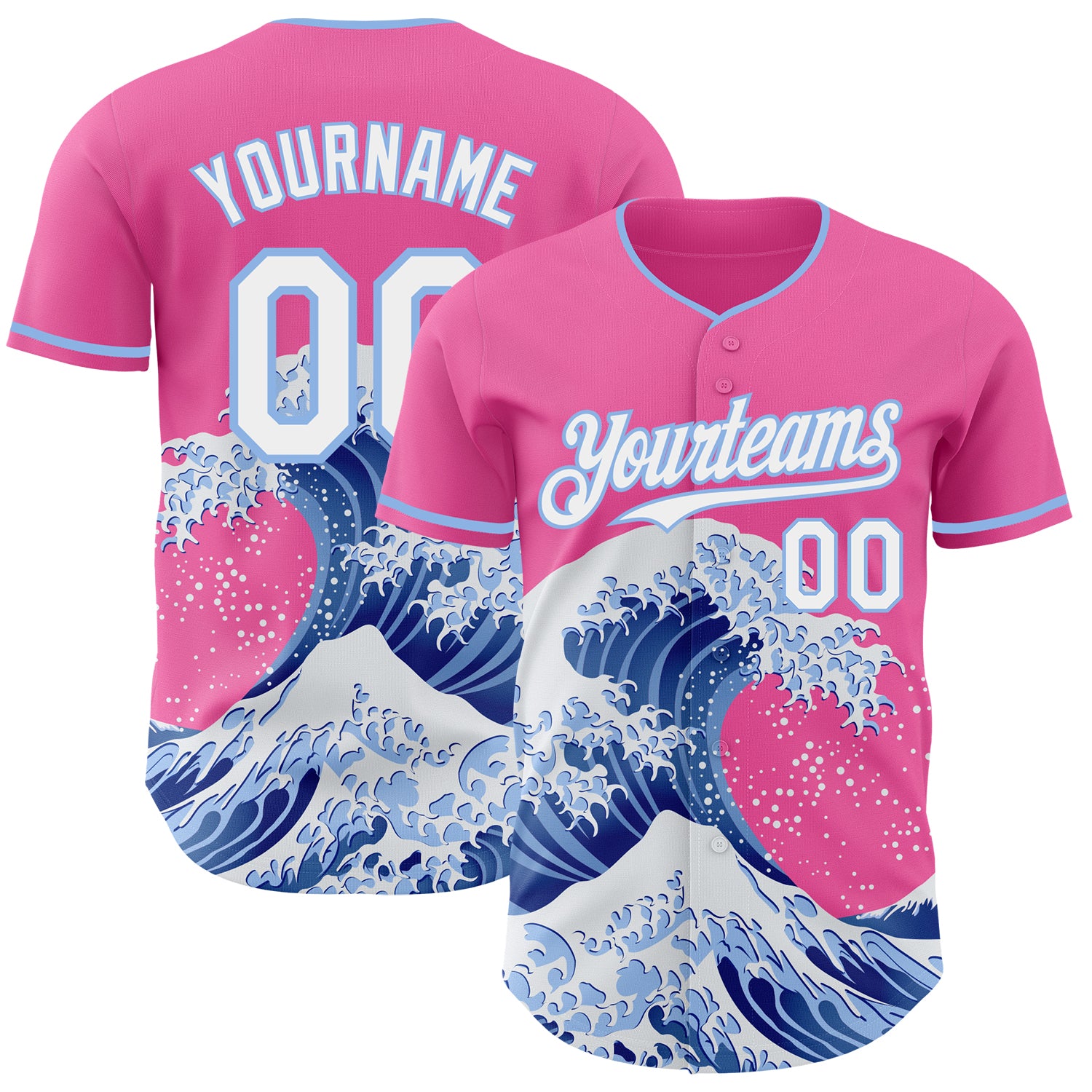 Custom Pink White-Light Blue Japanese Wave 3D Pattern Design Authentic Baseball Jersey