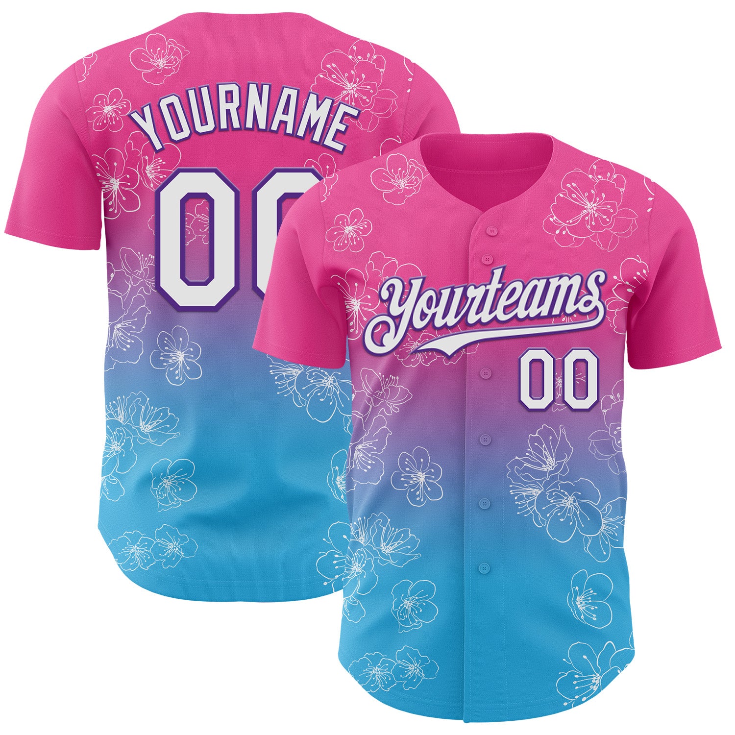 Custom Pink White Sky Blue-Purple Cherry Blossoms Sakura Gradient Authentic Baseball Jersey