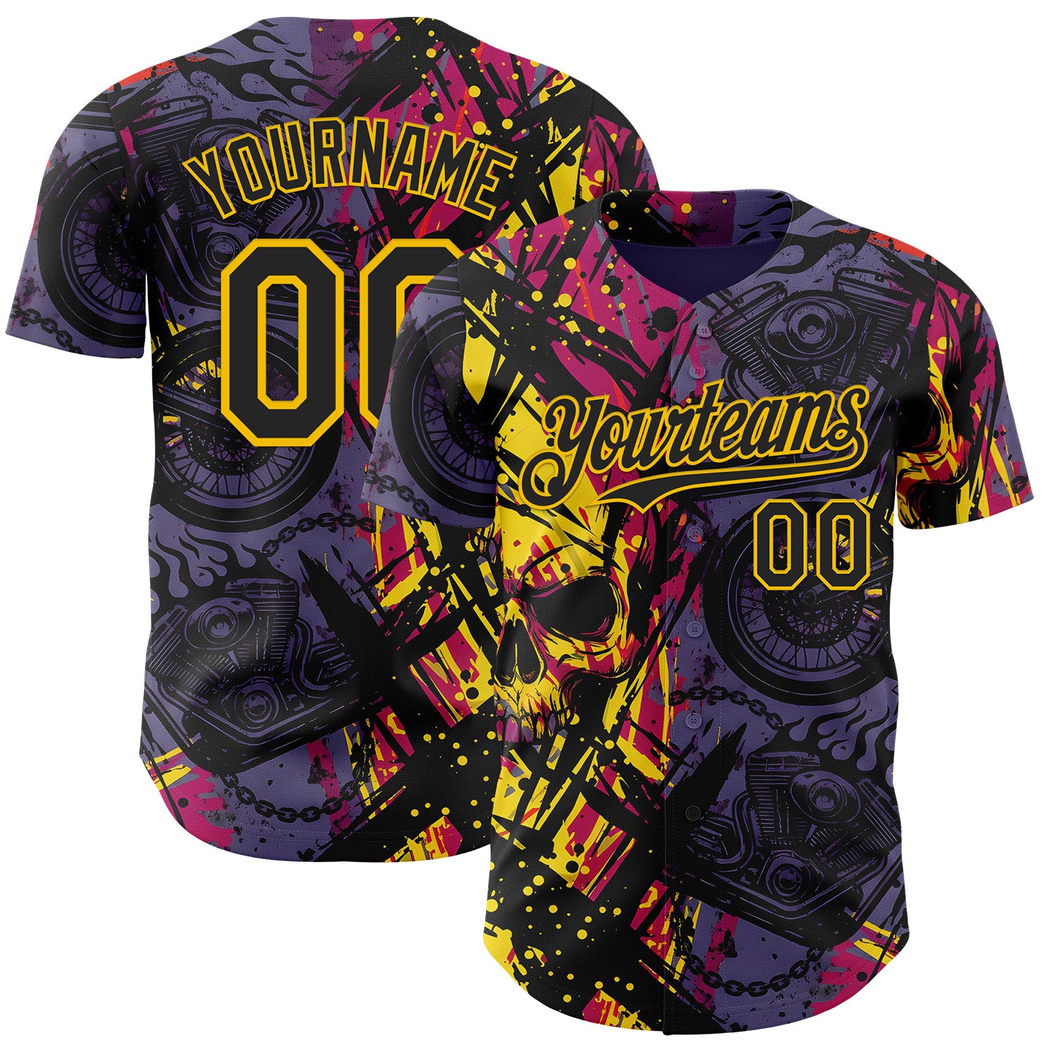 Custom Purple Black Deep Pink-Yellow 3D Pattern Design Motorcycle Motocross Skull Authentic Baseball Jersey