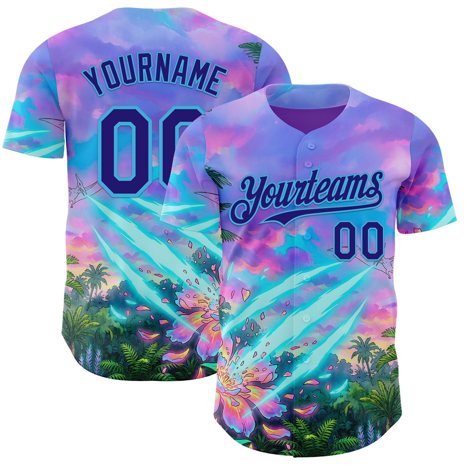 Custom Purple Dark Purple Pink-Sky Blue Cyber Tropical Palm Trees Psychedelic Sky Authentic Baseball Jersey