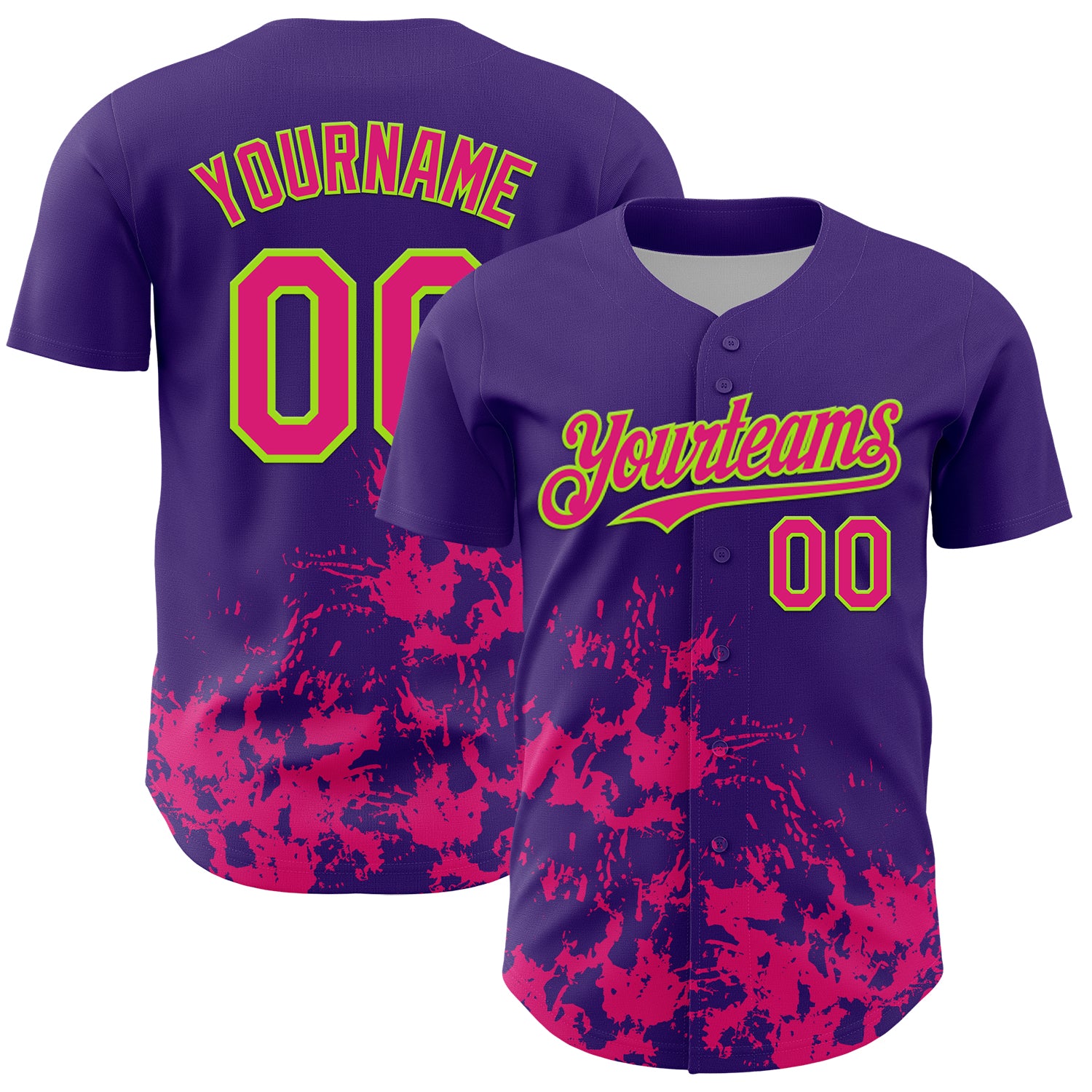 Custom Purple Hot Pink-Neon Green Splatter Authentic Baseball Jersey