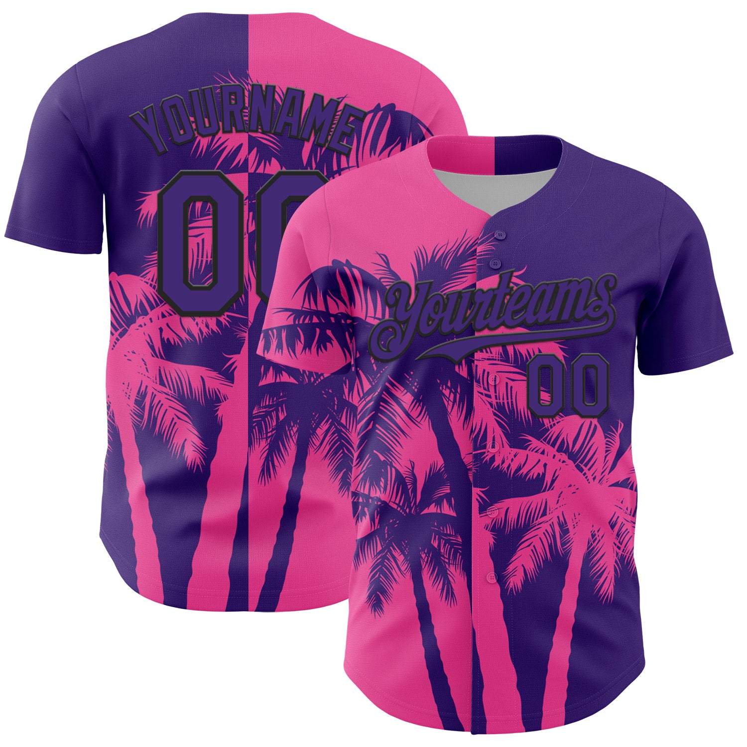 Custom Purple Pink-Black 3D Pattern Design Hawaii Palm Trees Tropical Coconut Authentic Baseball Jersey