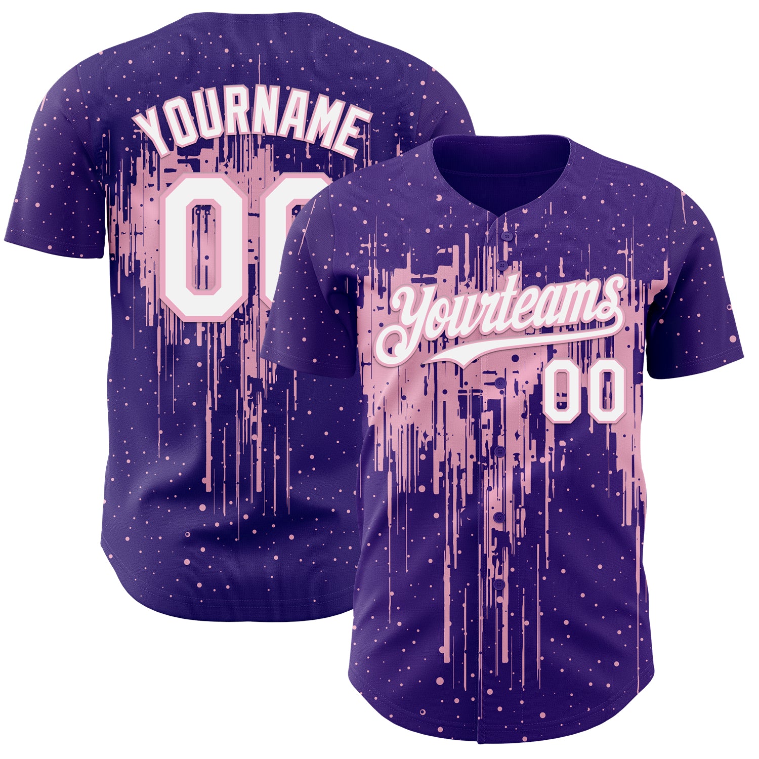 Custom Purple White-Light Pink 3D Pattern Design Dripping Splatter Paint Authentic Baseball Jersey