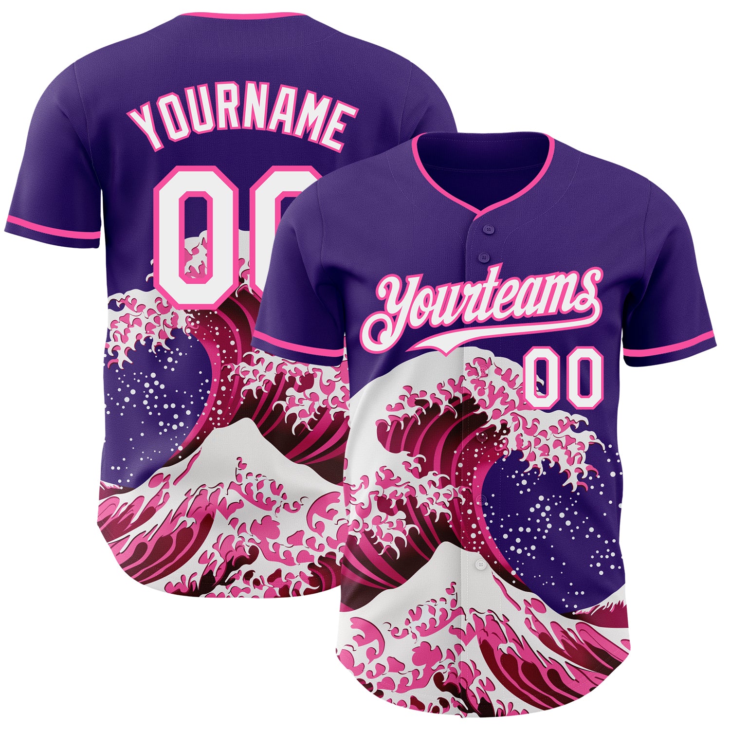 Custom Purple White-Pink Japanese Wave 3D Pattern Design Authentic Baseball Jersey
