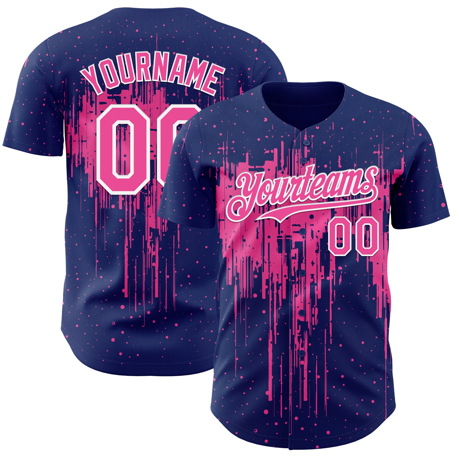 Custom Royal Pink-White 3D Pattern Design Dripping Splatter Paint Authentic Baseball Jersey
