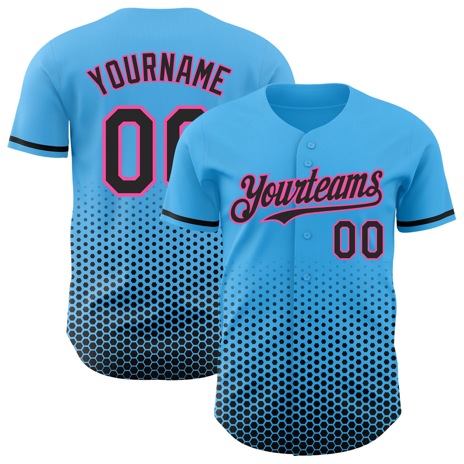 Custom Sky Blue Black-Pink Geometric Hexagonal Dot Gradient Authentic Baseball Jersey