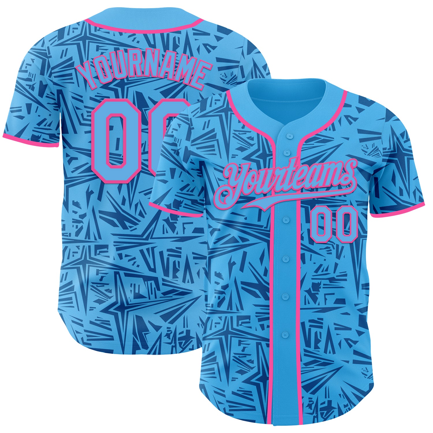 Custom Sky Blue Blue-Pink Geometric Cyber Starburst Authentic Baseball Jersey