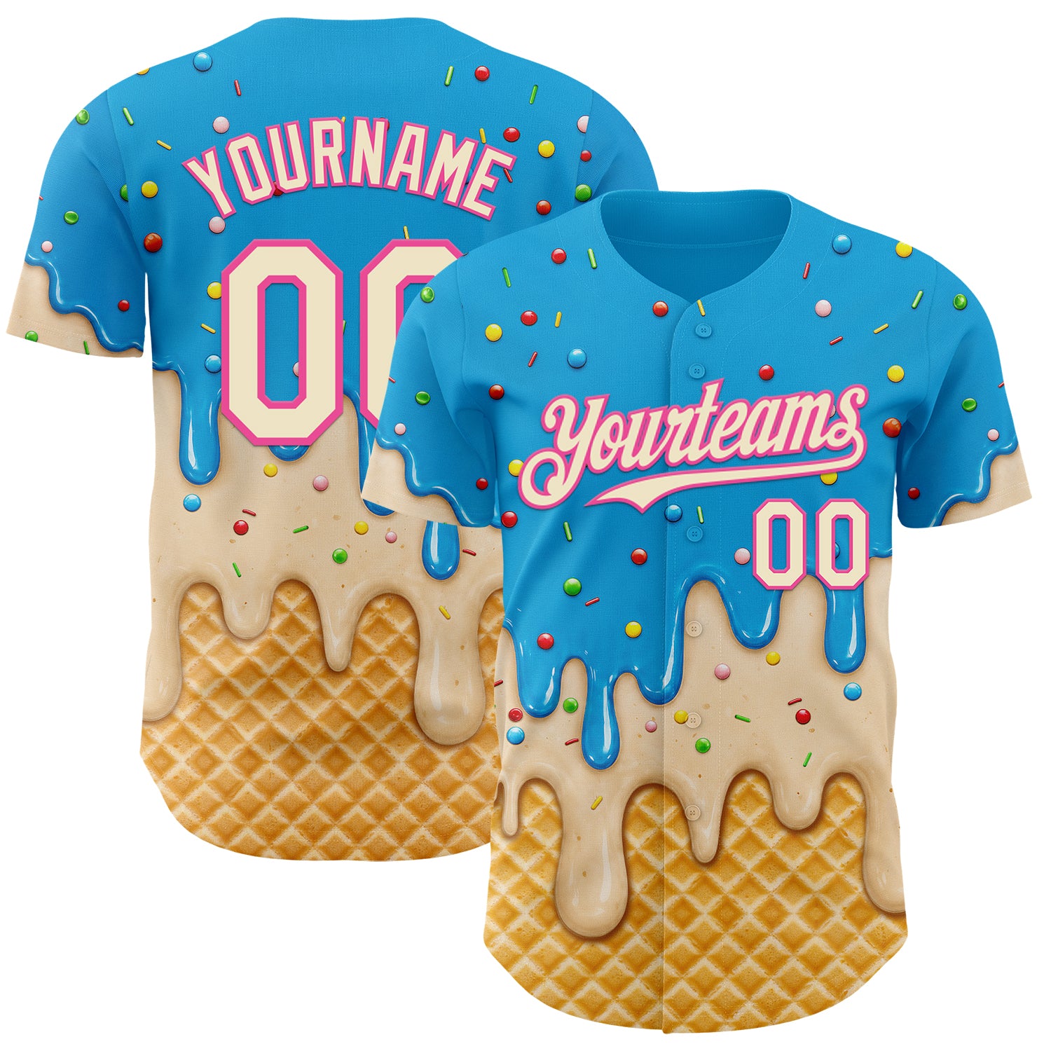 Custom Sky Blue Cream-Pink Ice Cream Waffle Foodie Dessert Authentic Baseball Jersey