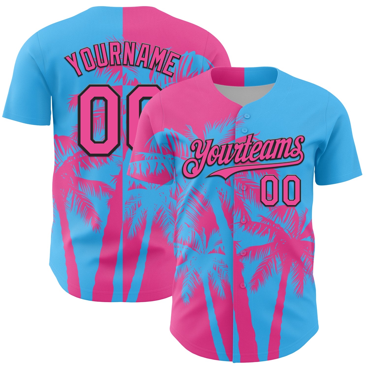 Custom Sky Blue Pink-Black 3D Pattern Design Hawaii Palm Trees Tropical Coconut Authentic Baseball Jersey