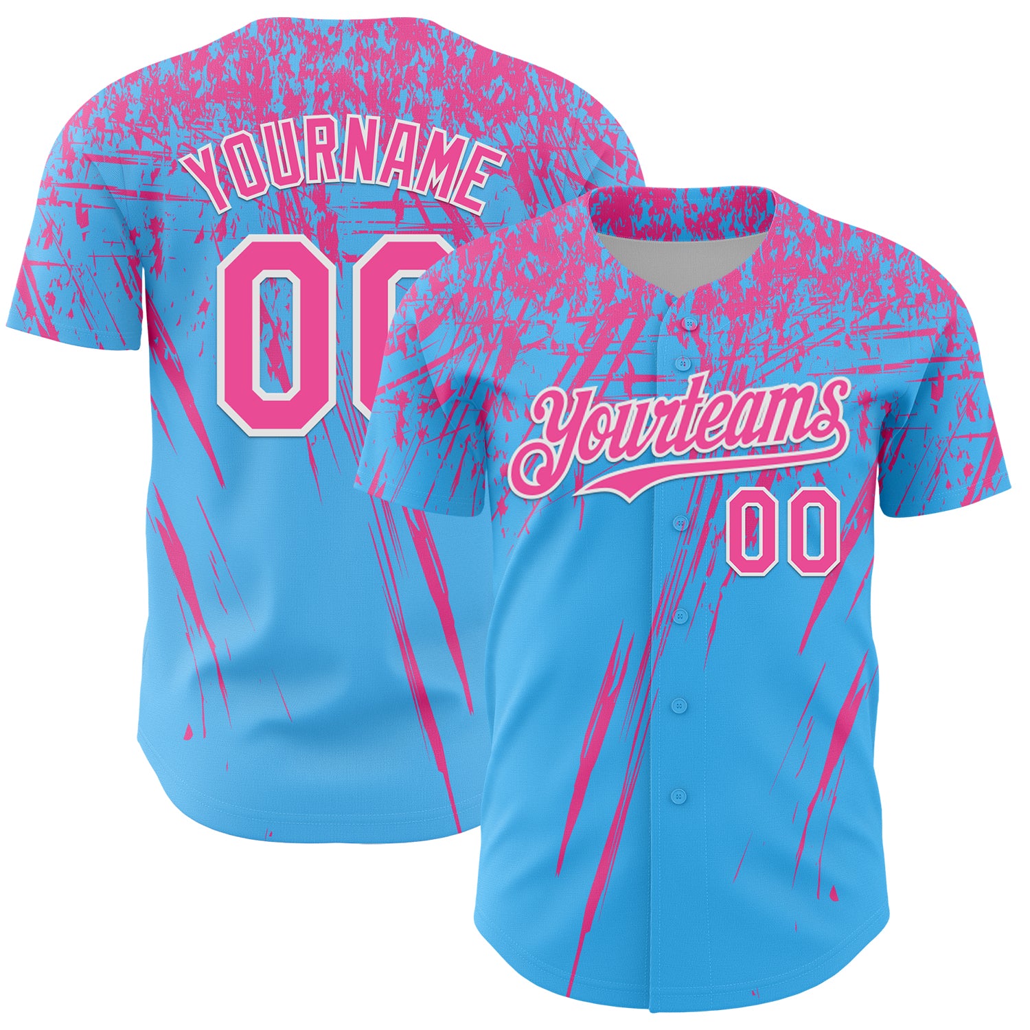 Custom Sky Blue Pink-White Distressed Scratch Brush Stroke Authentic Baseball Jersey
