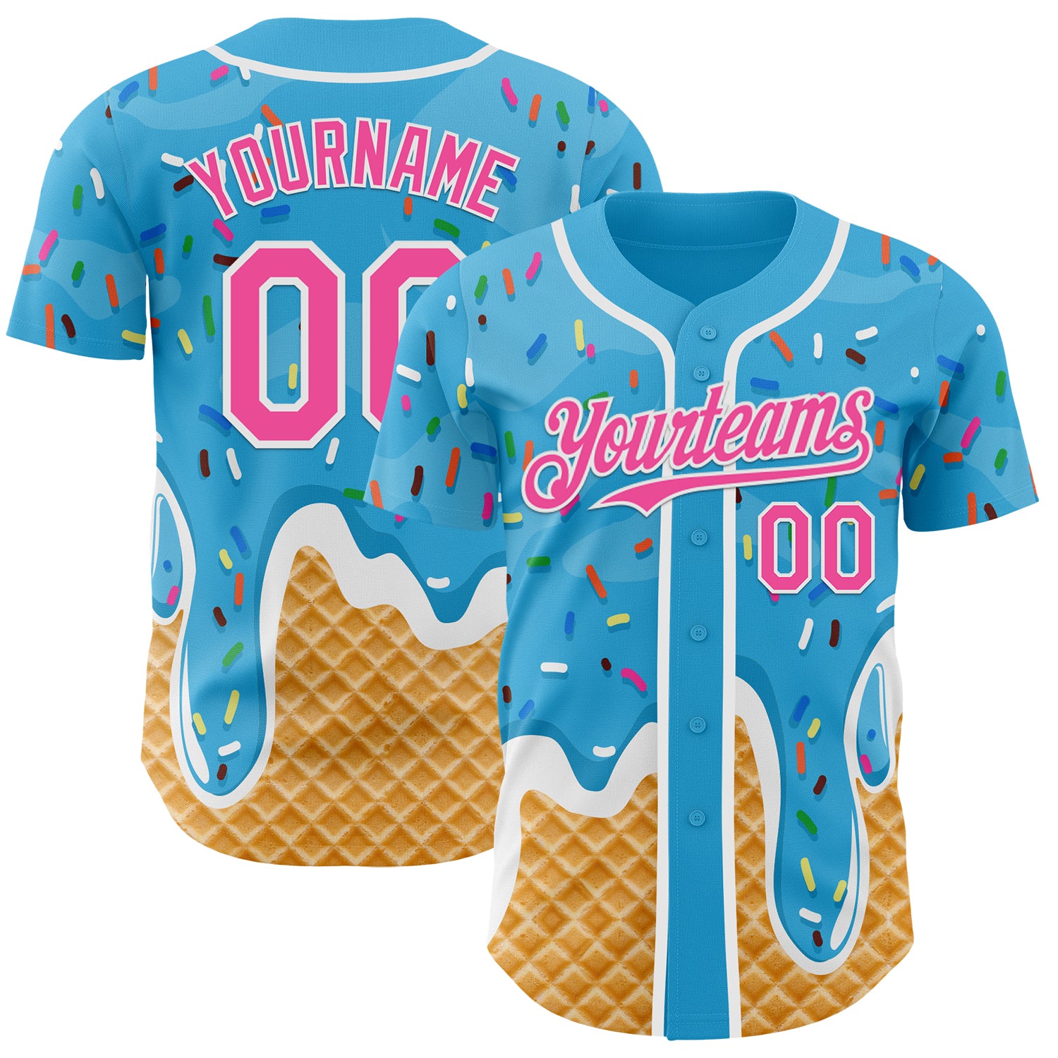 Custom Sky Blue Pink-White Ice Cream Waffle Foodie Dessert Authentic Baseball Jersey