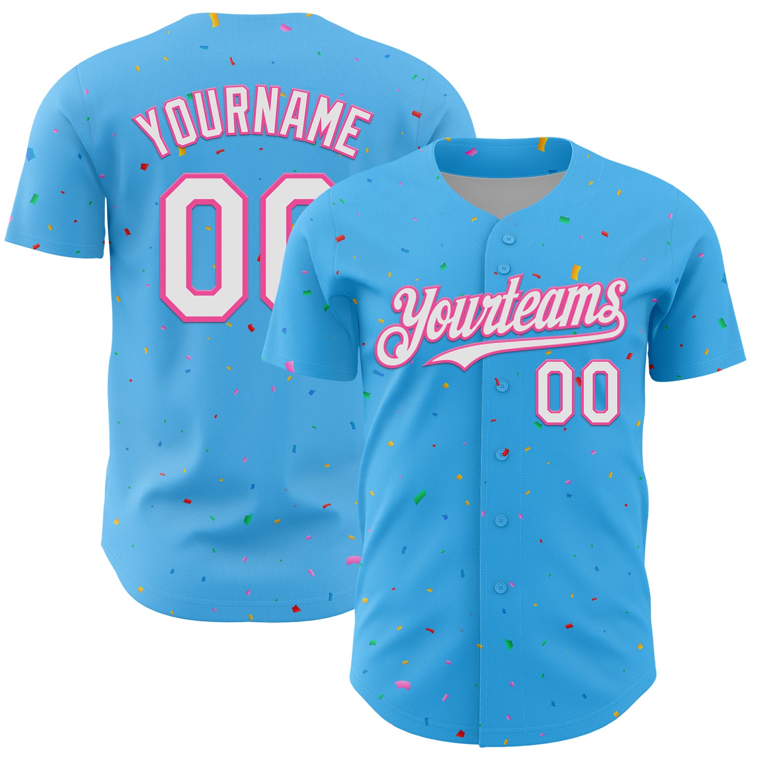 Custom Sky Blue White-Pink 3D Pattern Design Confetti Colorful Speckle Authentic Baseball Jersey