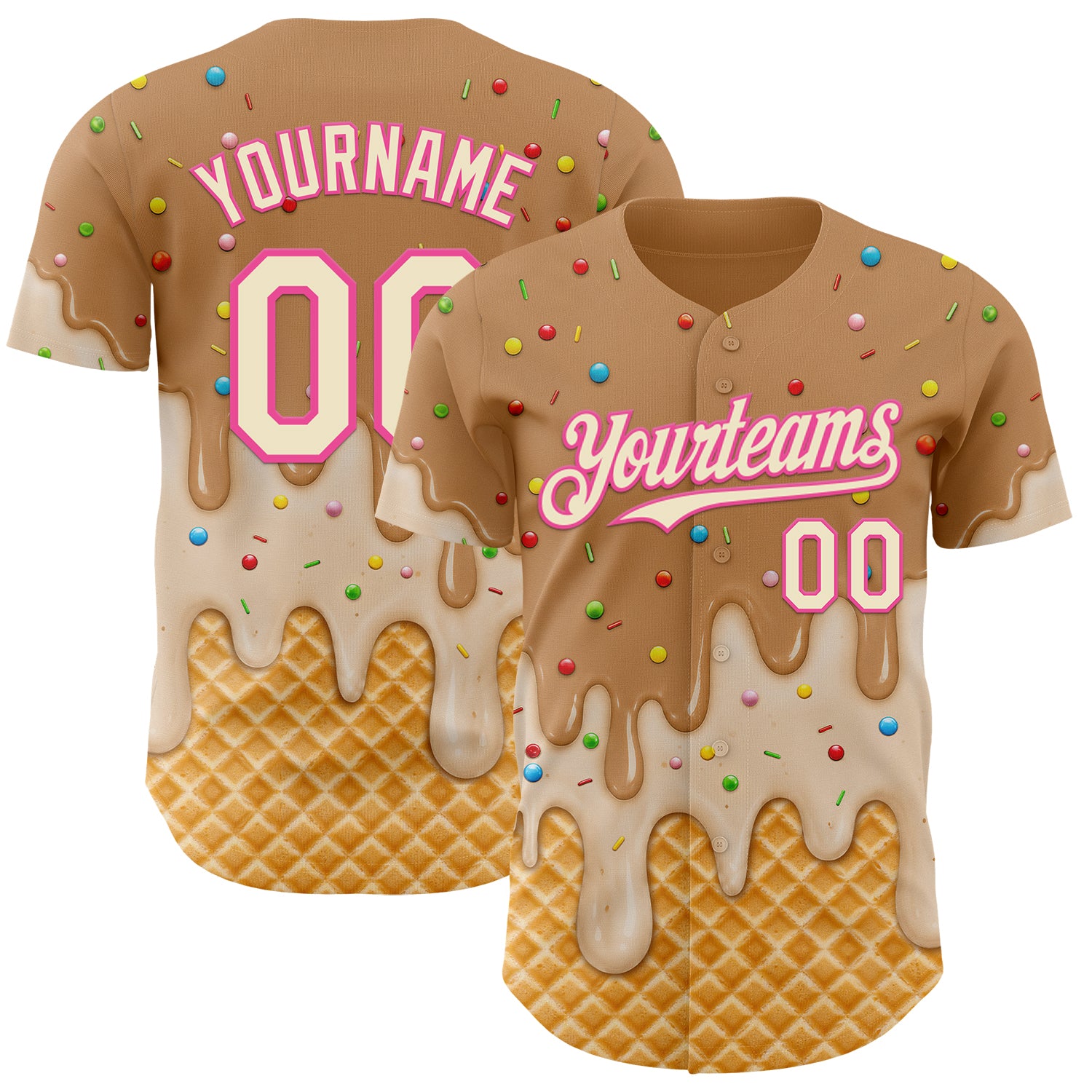 Custom Tan Cream-Pink Ice Cream Waffle Foodie Dessert Authentic Baseball Jersey