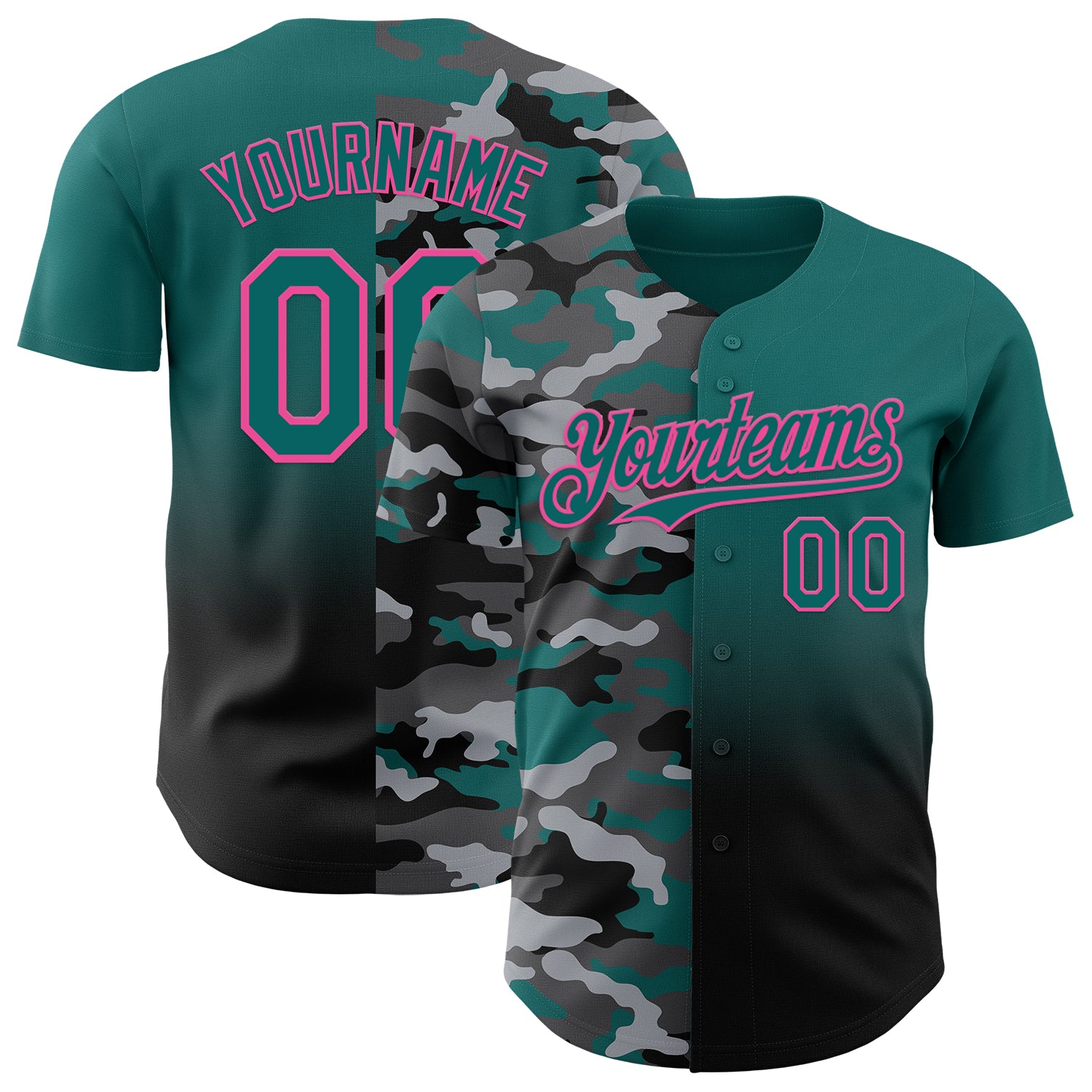 Custom Teal Black-Pink Half Camo Ombre Authentic Baseball Jersey