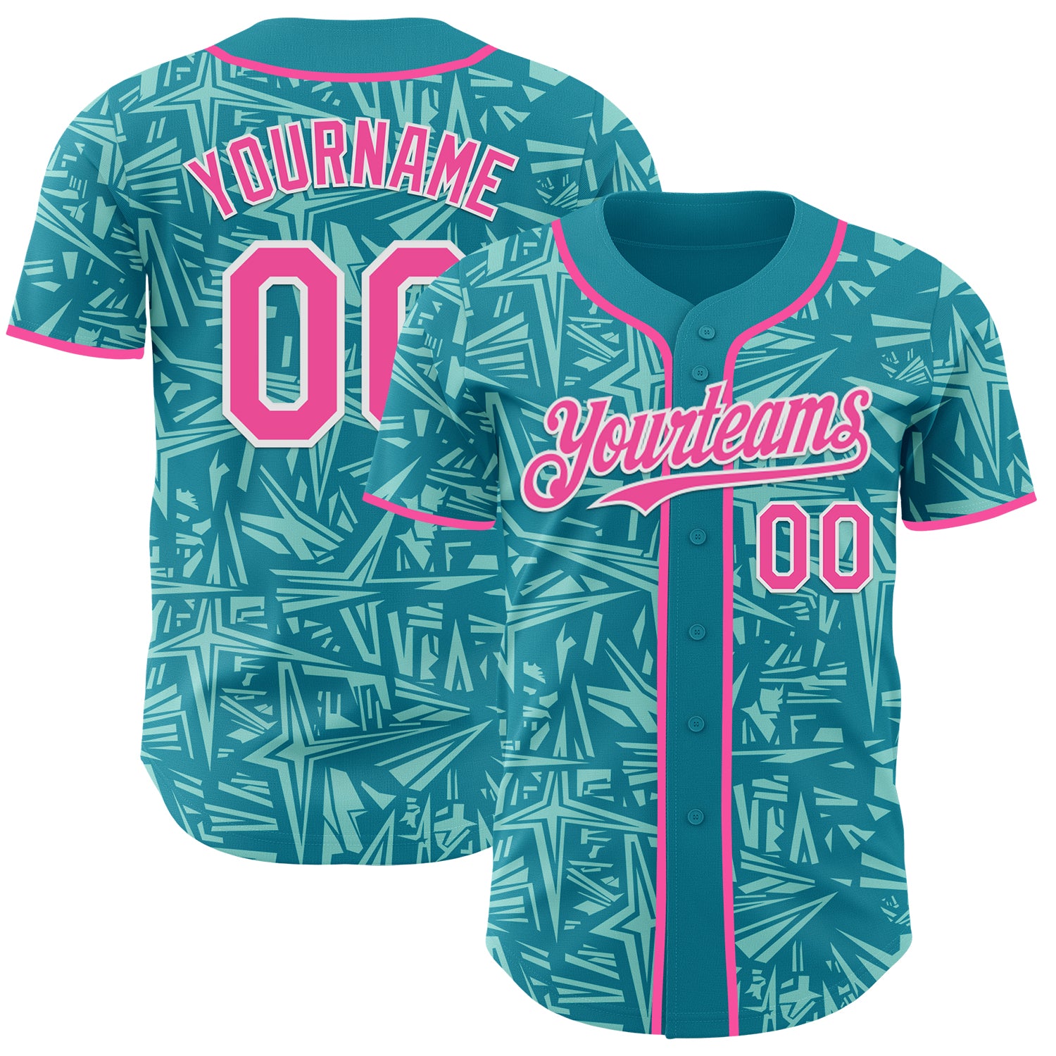 Custom Teal Pink Ice Blue-White Geometric Cyber Starburst Authentic Baseball Jersey