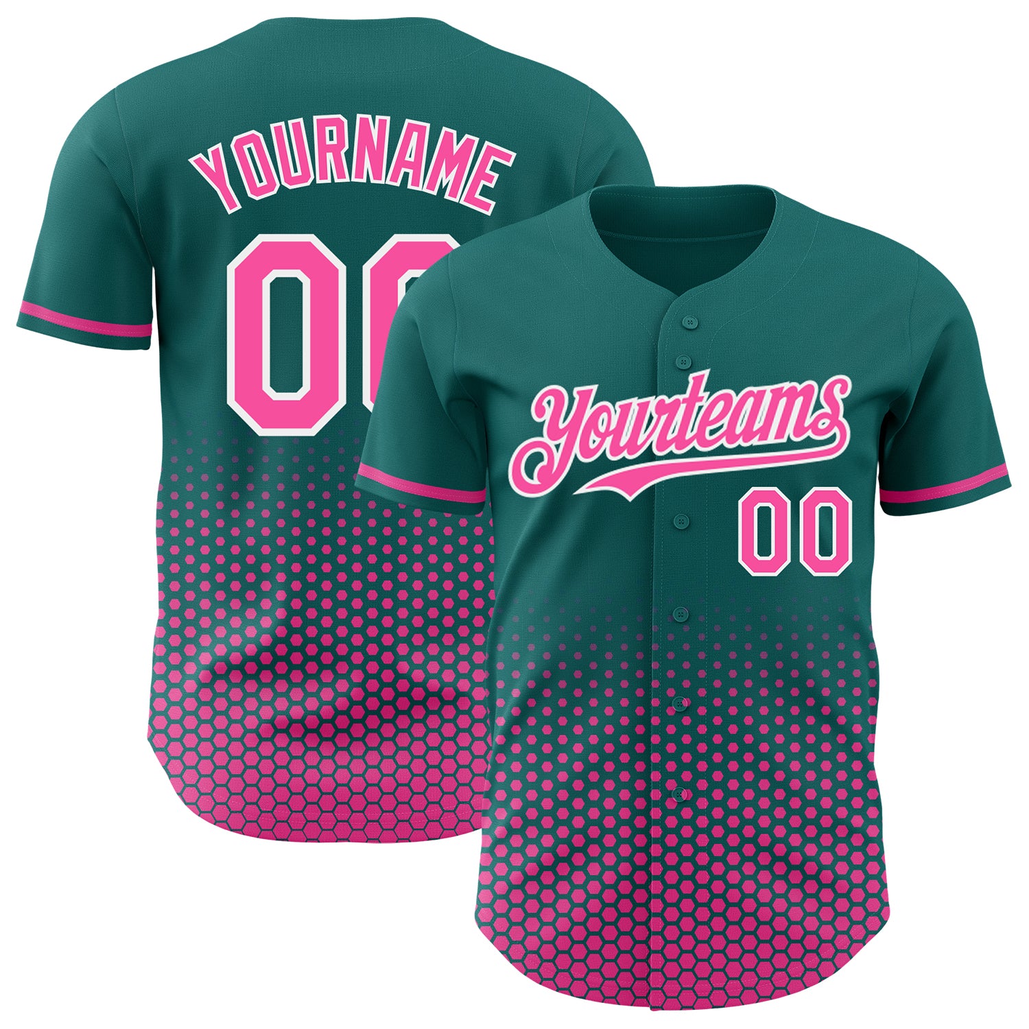 Custom Teal Pink-White Geometric Hexagonal Dot Gradient Authentic Baseball Jersey