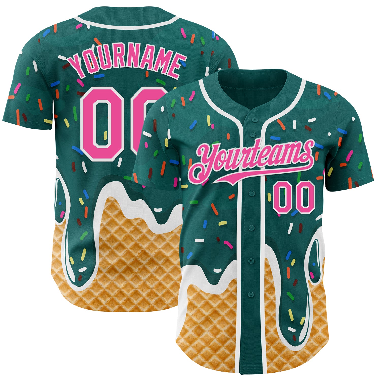 Custom Teal Pink-White Ice Cream Waffle Foodie Dessert Authentic Baseball Jersey