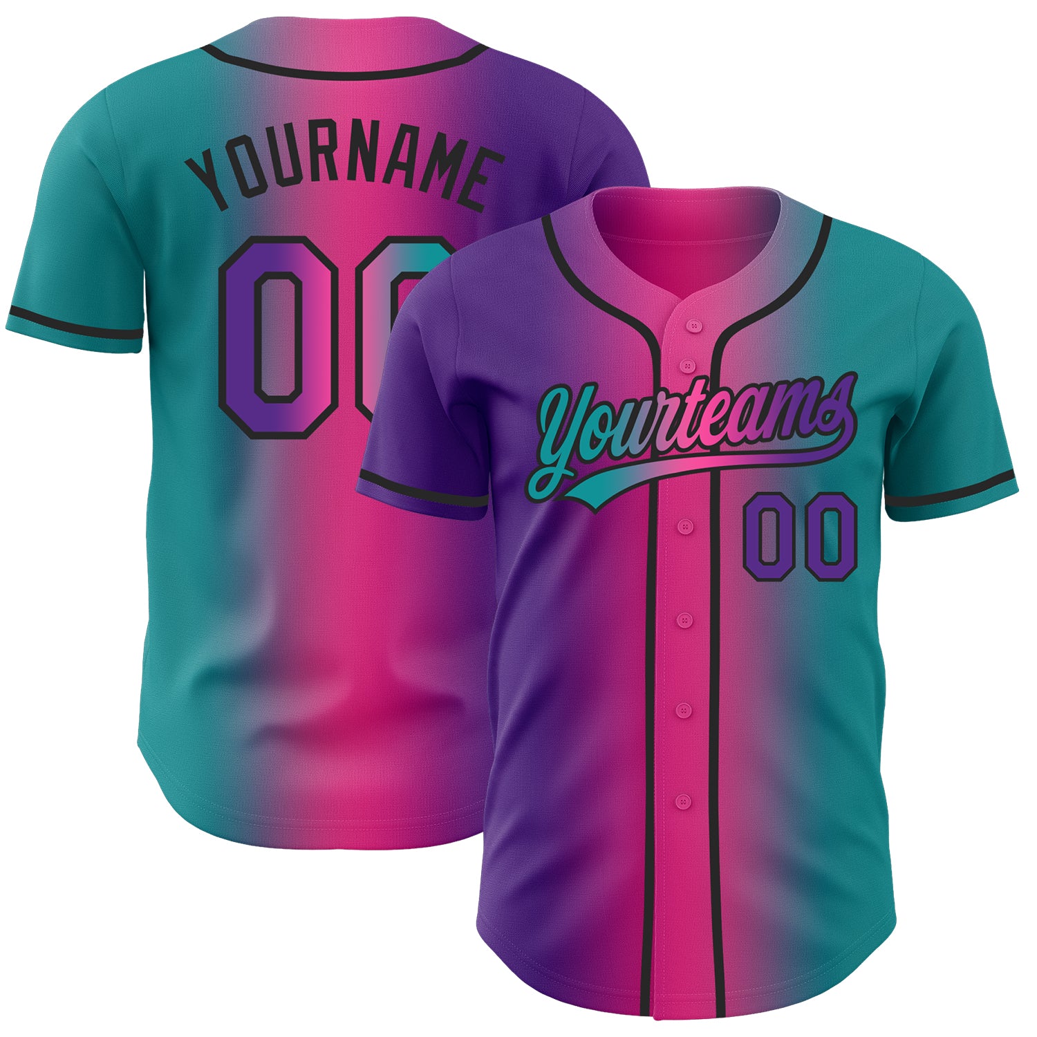 Custom Teal Purple Pink-Black Authentic Gradient Fashion Baseball Jersey